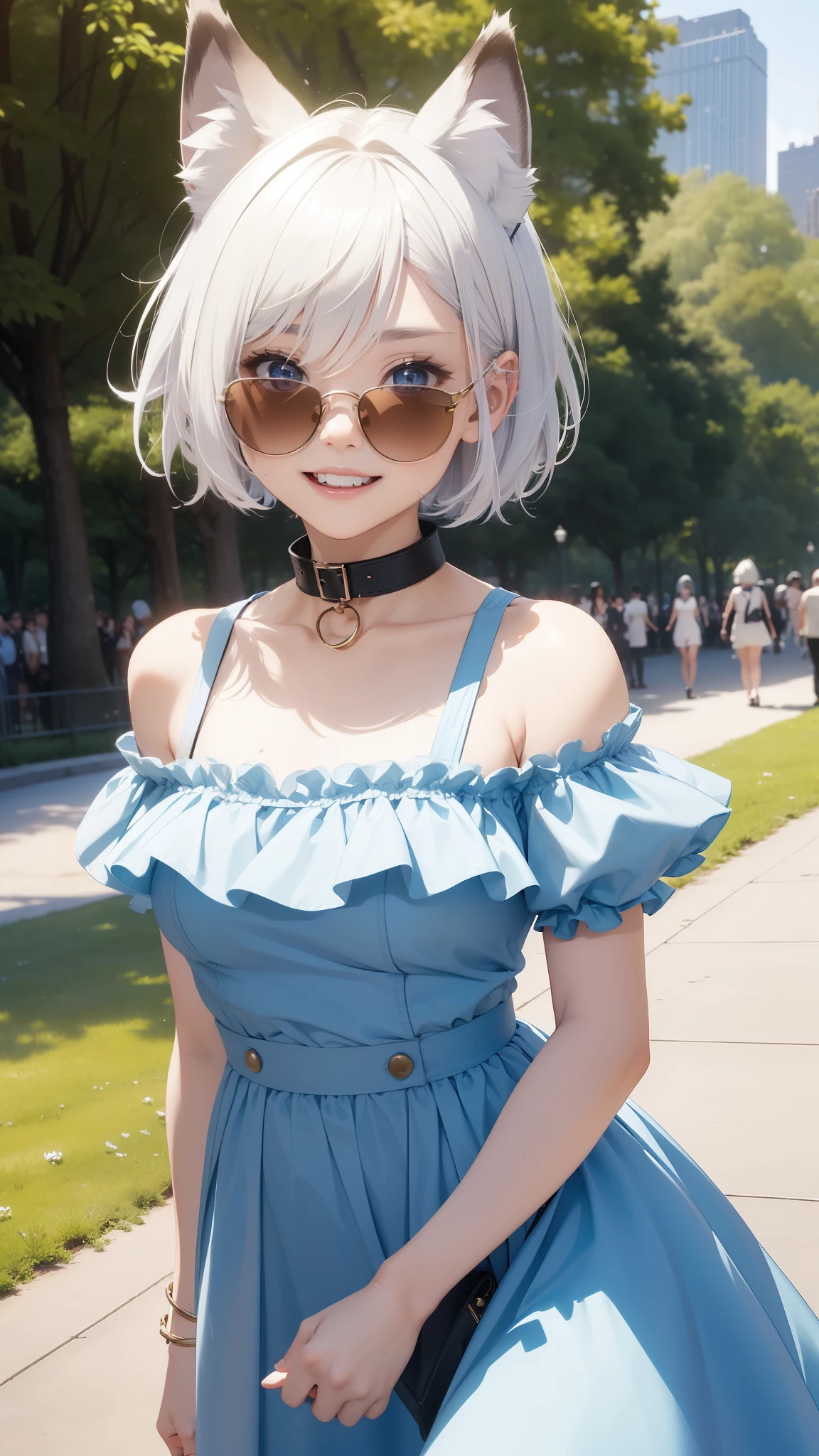 Masterpiece, wide smile, couple, 2others, boyish girl with short (white hair), (half shaved hair style), (happy face expression), ((has wolf ears, has wolf tail)), (wearing cassual dress, spring dress, sunglasses), (chocker, collar), thick thighs, wide hips, solo, alone, no wolves, has glowing blue eyes, flat chest,Comics, fantasia, sfw, central park, walking, park background