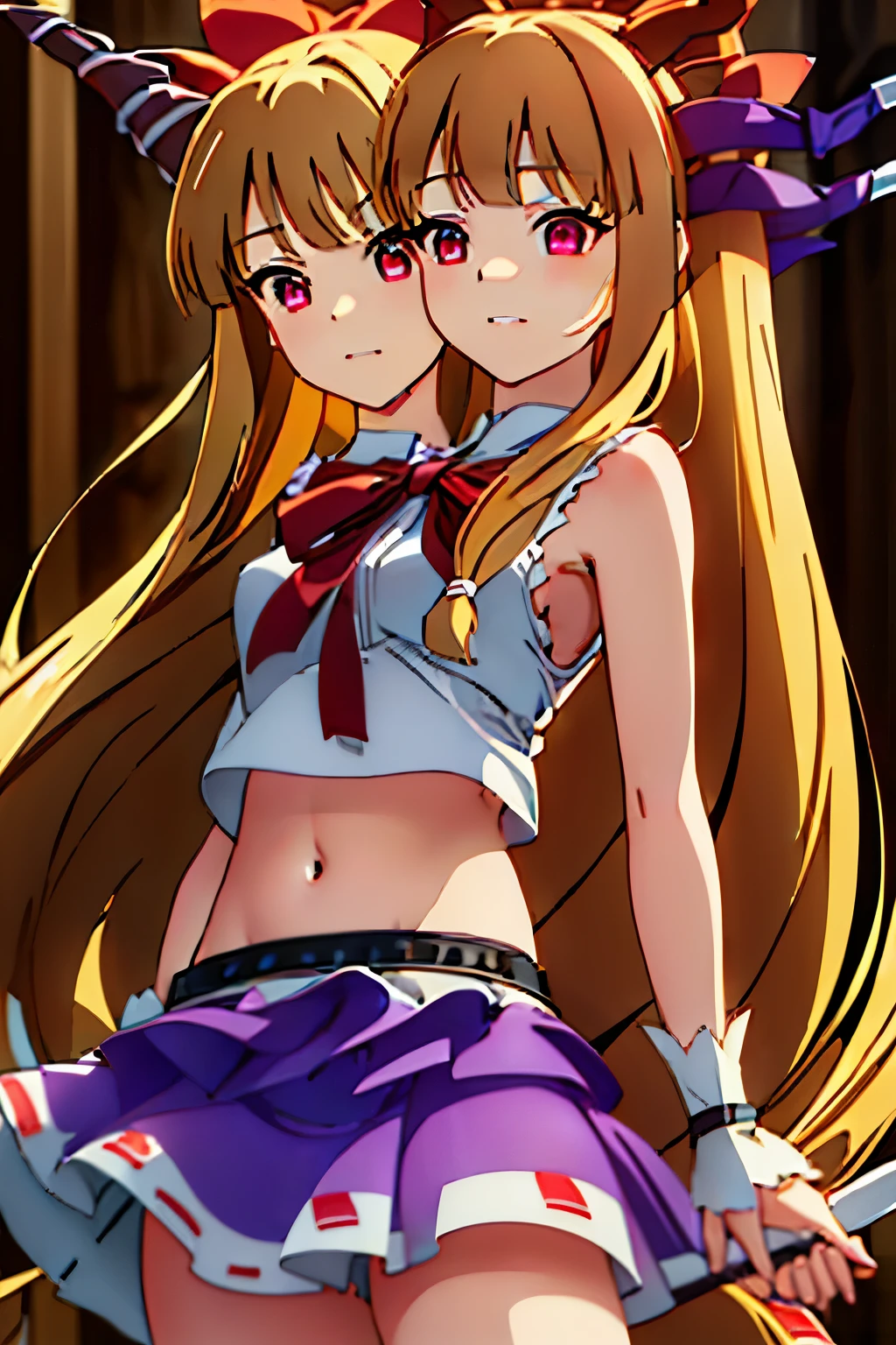 (masterpiece, best quality), best quality, (ultra-detailed), (3heads:1.5), 1girl, (suika ibuki:1.3), masterpiece, (best quality:1.5, highres, UHD), highres, absurdo, ultra detail, ultra quality, Ultra resolution, tattered pale pink top, crop top, ((stomach)), midriff, ((groin)), purple and pink skirt, normal ears, shackles, blonde hair, very long hair, wavy hair, sidelocks, red eyes, detailed eyes, parted lips, sweat, cute, toned belly, hand on own chest, eyelashes, (25 year old woman:1.3), (masterpiece:1.5), (best quality:1.5), (beautiful detailed), extremely detailed CG, extremely delicate and beautiful, depth of field, (finely detailed face), (perfect details:1.2), (mature female:1.3), wide pelvis, slender, large veiny breast, 16k resolution, very high quality, very high definition, extremely detailed, masterpiece, blonde hair, long hair, alluring presence, braid, short skirt, close up, big , young, two long straight oni horns on her head, decorated with ribbons, open belly, nsfw, midriff, (girl with three heads),
