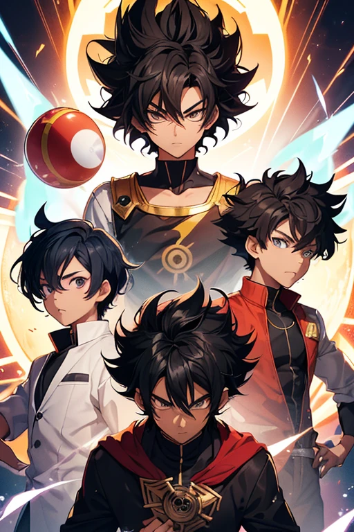 (Boy), (16-year-old teenager), (young man), (light brown skin color), (with bright eye iris with a white tone and four triangular tomoe on the four sides of the iris, with bright blue and white details, and a circular red background to the eye's pupil, featuring a small black circle in the center), (average physical height for a teenager), (short, curly black hair in the style of Afro-Brazilian), (transforming into a Super Saiyan level 1).