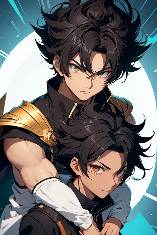 (Boy), (16-year-old ager), (young man), (light brown skin color), (with bright eye iris with a white tone and four triangular tomoe on the four sides of the iris, with bright blue and white details, and a circular red background to the eye's pupil, featuring a small black circle in the center), (average physical height for a teen), (short, curly black hair in the style of Afro-Brazilian), (transforming into a Super Saiyan level 1).