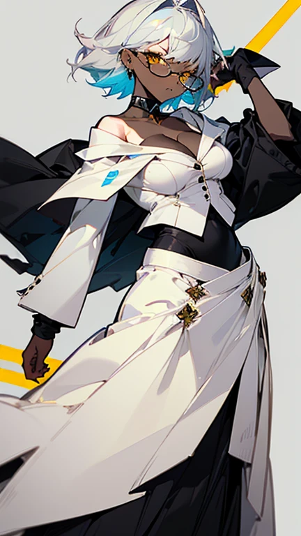 (highest quality、masterpiece:1.2) 1 woman, (Dark skinned woman), short hair, white hair, light blue hair, mixed hair, color, yellow Eyes, (little glasses), ((white tailored jacket, black shirt, long skirt)), sharp eye, (cleavage), little earring, (off shoulder), collarbone, leather gloves, mouth mask, dynamic pose, skirt hold, messy hair,