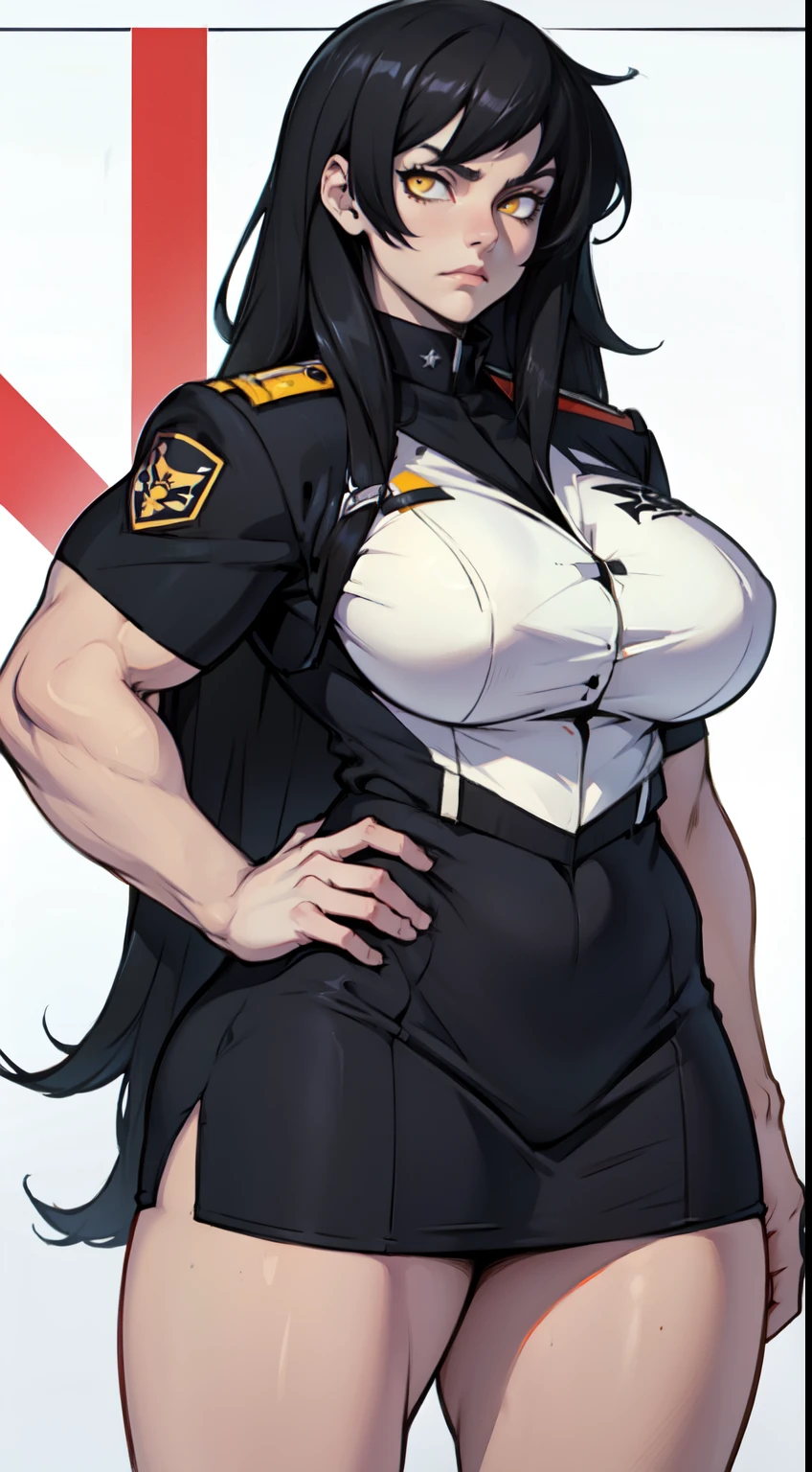 girl breasts huge muscles huge thighs solo girl black hair extremely long hair pale skin expressionless yellow eyes ((uniform))