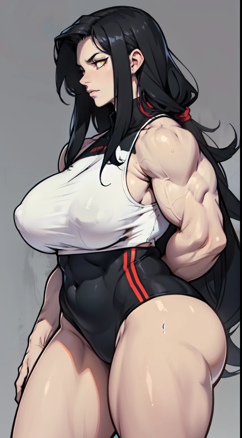 girl breasts huge muscles huge thighs solo girl black hair extremely long hair pale skin expressionless yellow eyes