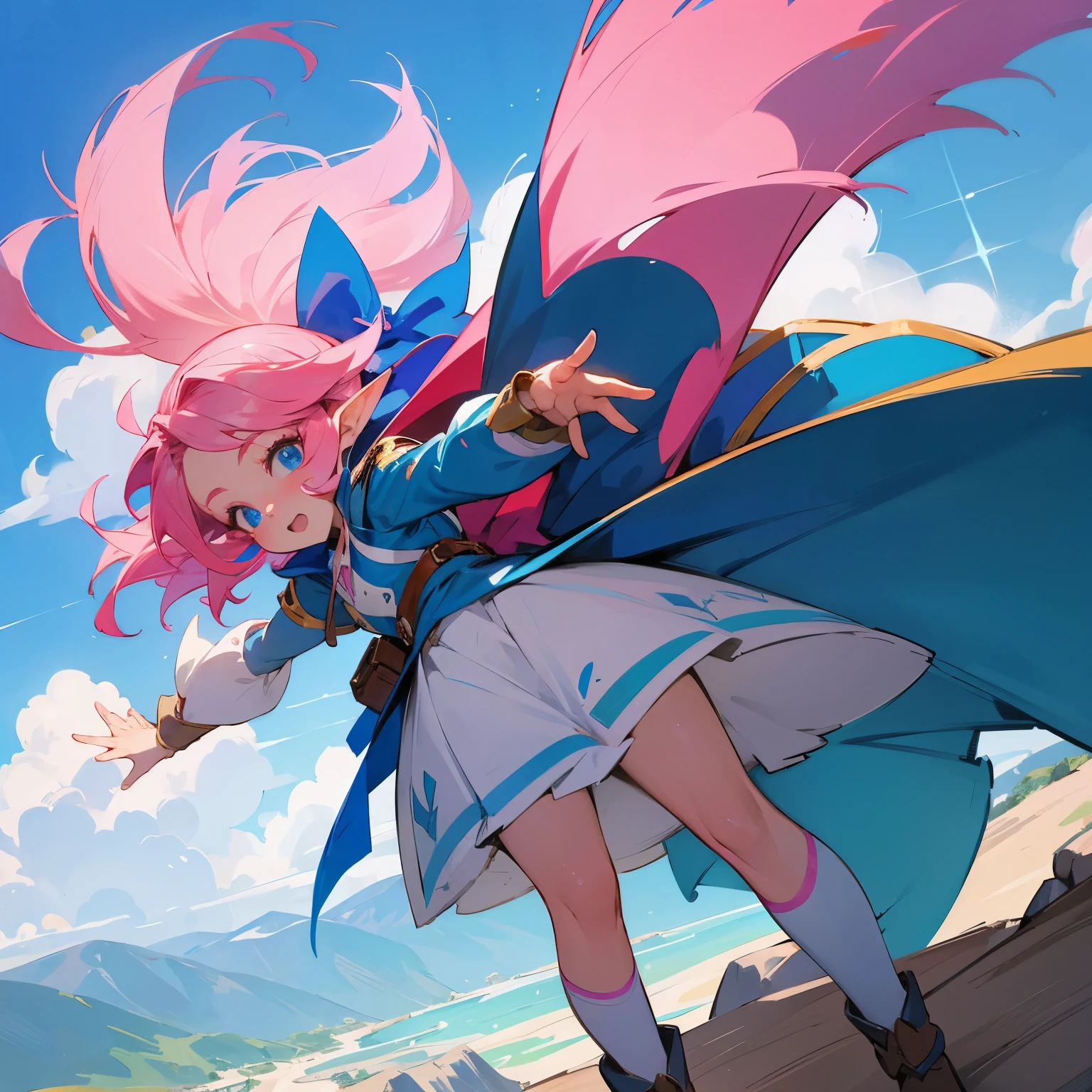 elf girl with blue sky and pink hair, with blue sky eyes, and looks like an adventurer, and there is an bow behind her, reaching out 