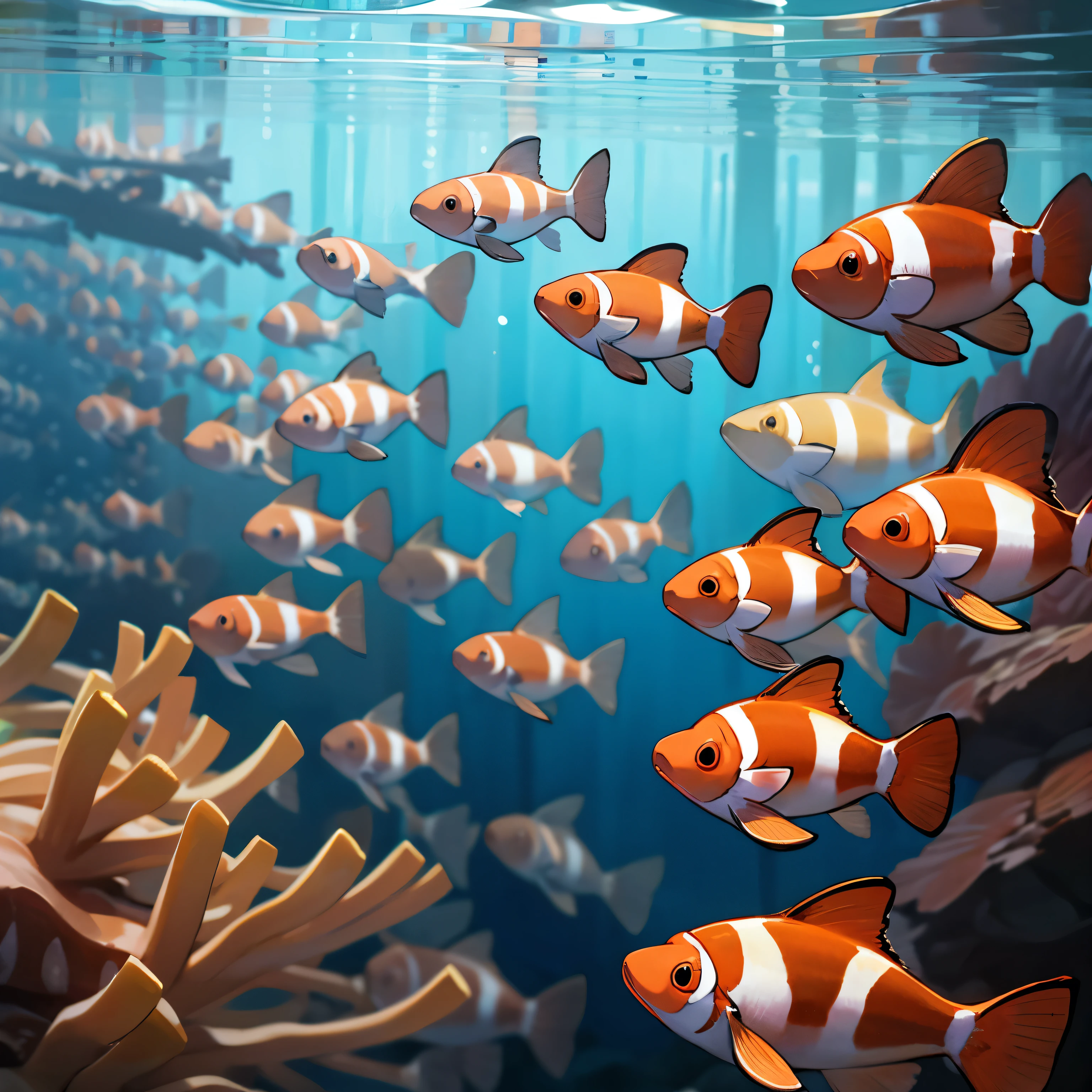 Large School of clownfish swimming in the air, in the streets, zoomed out picture 
