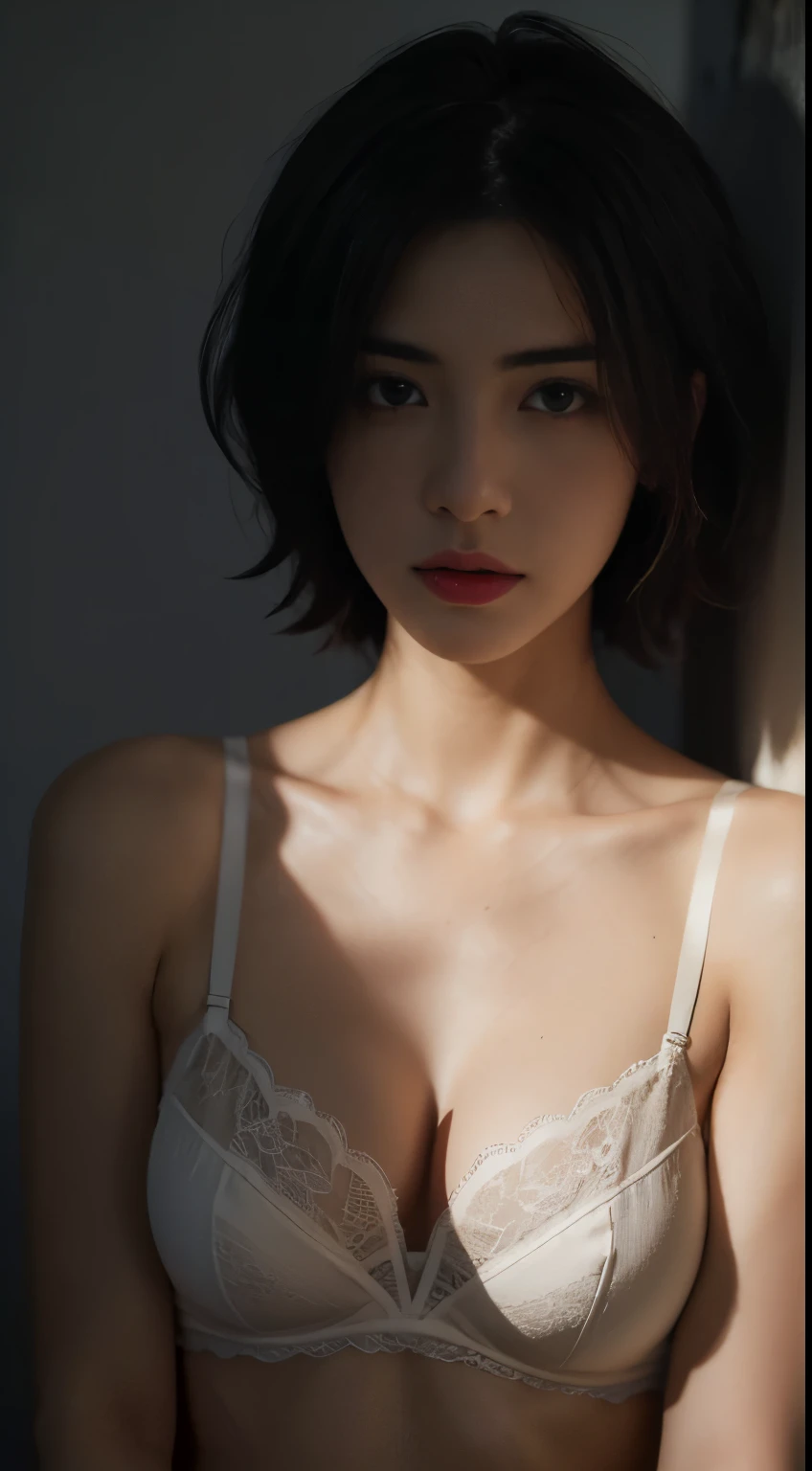 Best quality, masterpiece, ultra high res, (photorealistic:1.5), raw photo, 1girl,, in the dark, deep shadow, low key, cold light, sexy look, short hair, smooth , sexy , leaf shadow, seamless bra