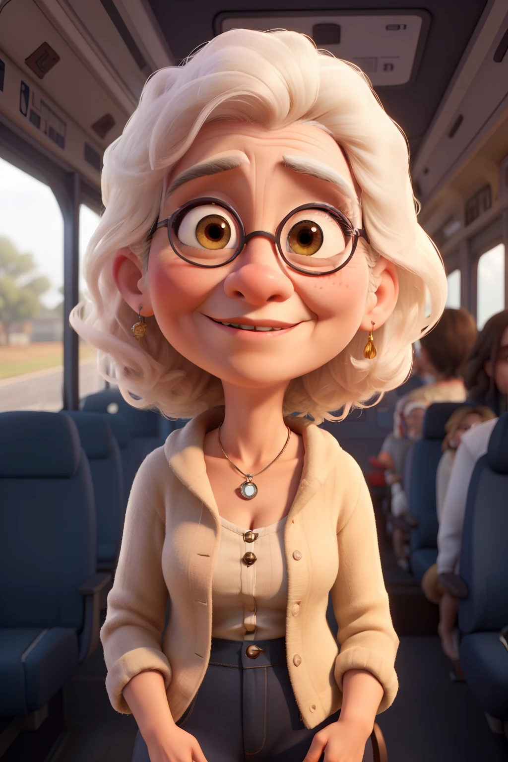 ((melhor qualidade)), ((obra de arte)), (detalhado), rosto perfeito, estilo disney, 3D, Bonitinho, ,  realistic scary old woman of Maria Chiquinha in hair inside a bus 