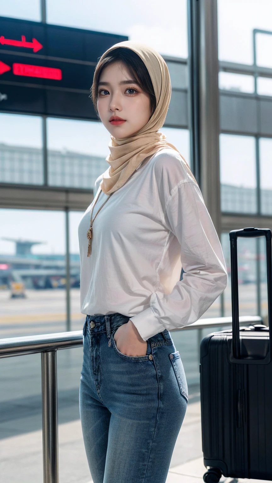 (realistic photos of Hijab Korean female, slightly smile,expressive eyes,eye makeup,airport background,standing posture,confident attitude,Eye-Level Shot, slightly blurry background,UHD,masterpiece:1.2,highres,16k), long Jeans
