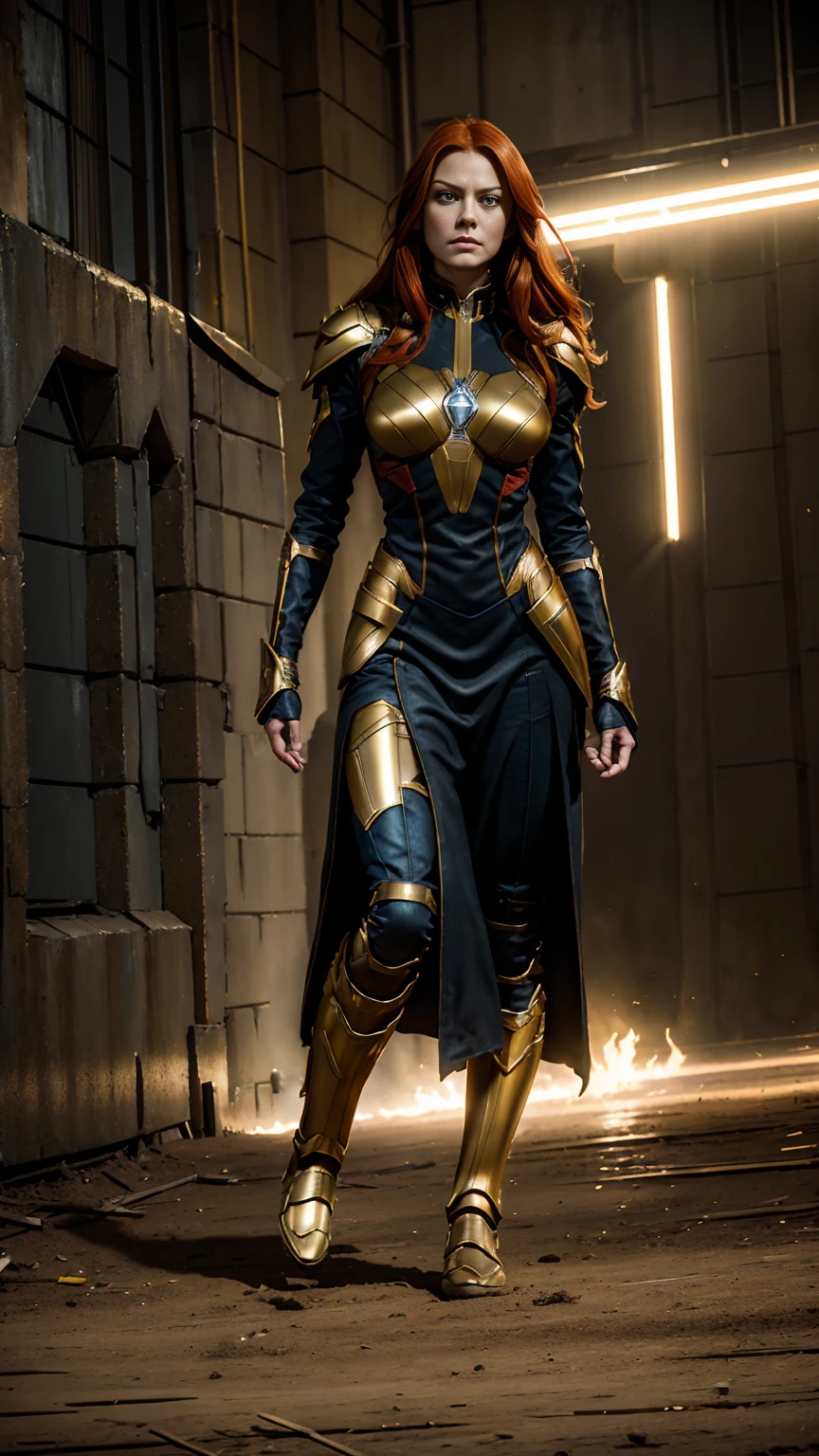 ((full-length photo, standing, feet on the ground)) [best quality,ultra-detailed,realistic,photorealistic:1.37],jean grey x men 97 ,red-haired warrior with yellow eyes,standing,full-length photo,feet on the ground, wearing a black and gold jean grey x men 97 armor.