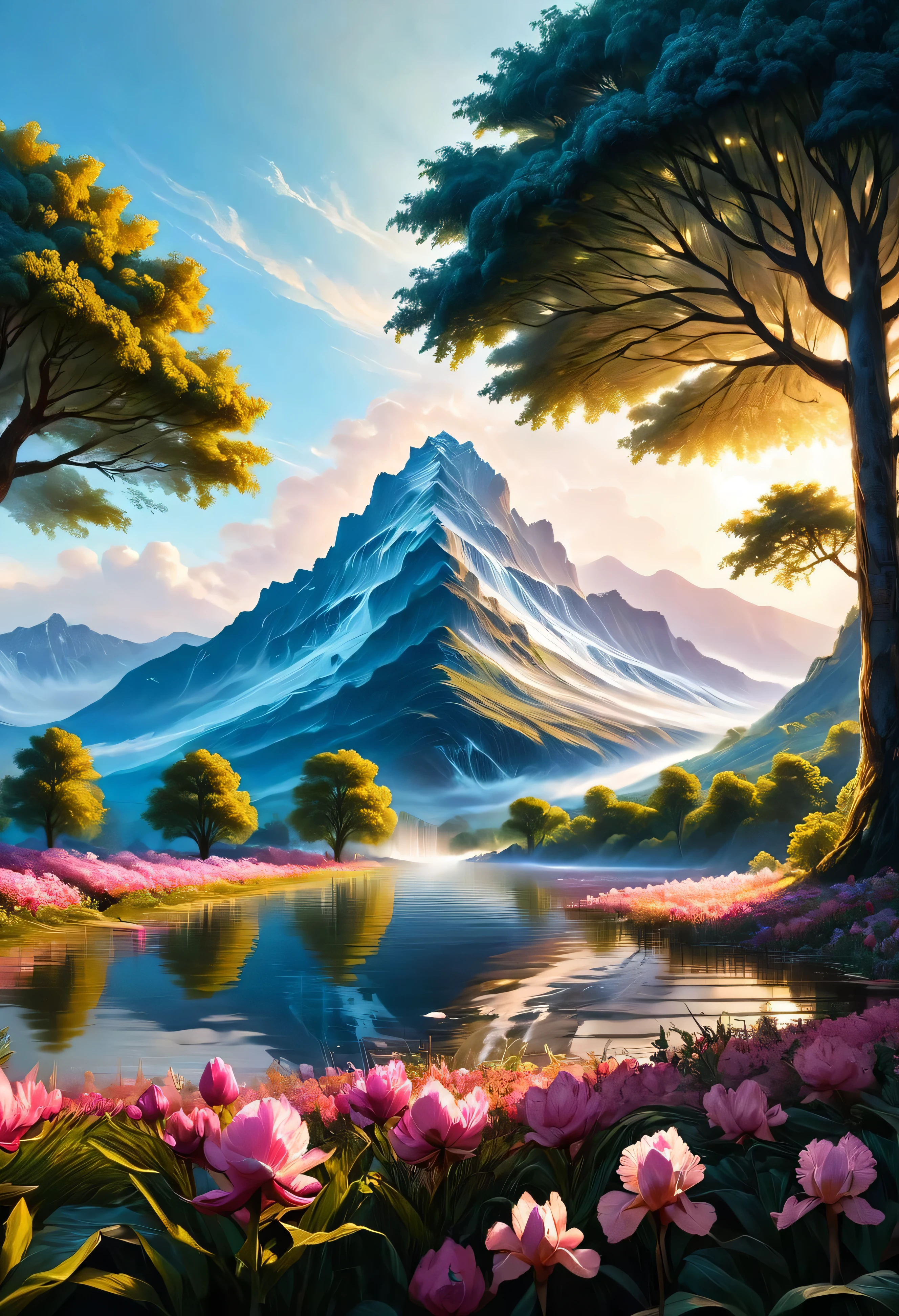 ChromaV5, nvinkpunk, analoger Stil, a beautiful house on a beautiful mountain full of hyper-detailed, pink spring trees, with beautiful and realistic waterfalls in the background, with beautiful and spectacular sunset, Konzeptkunst, Art by greg rutkowski and albert bierstadt, Trends bei Artstation, Oil painting, octane render, filmisch
