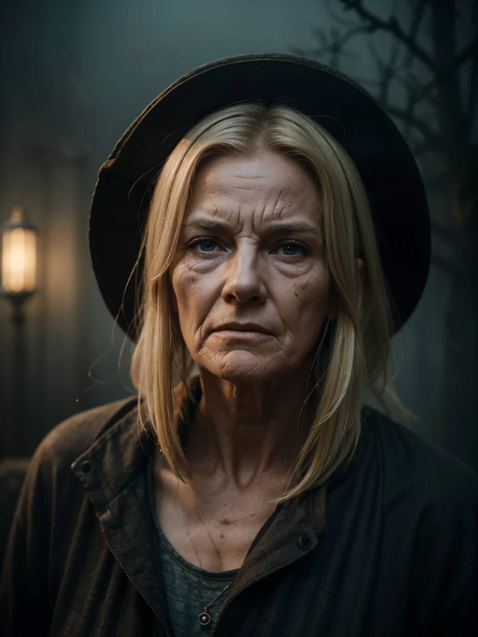 A highly detailed and hyper-realistic depiction of a disgusted old red skin blonde woman with scars and wrinkles on her face. The character is surrounded by mist, evoking a mysterious and eerie atmosphere. The lighting is dark and atmospheric, with a red smoke adding a touch of sinister ambiance. The image is of the best quality, with a resolution of 4k and HDR enhancement, showcasing the utmost level of detail and realism, sfw, full body shot.