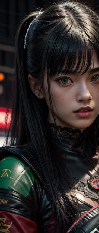 Best image quality, Excellent details, Ultra-high resolution, (realism: 1.4), Best Illustration, Loved the details, Highly concentrated 1girl, Beautiful face, Wearing black and green underwear, Hold the directional controller, Riding a red motorcycle, The background is a high-tech light scene from Dotonbori, Osaka. vitality, Lingerie show