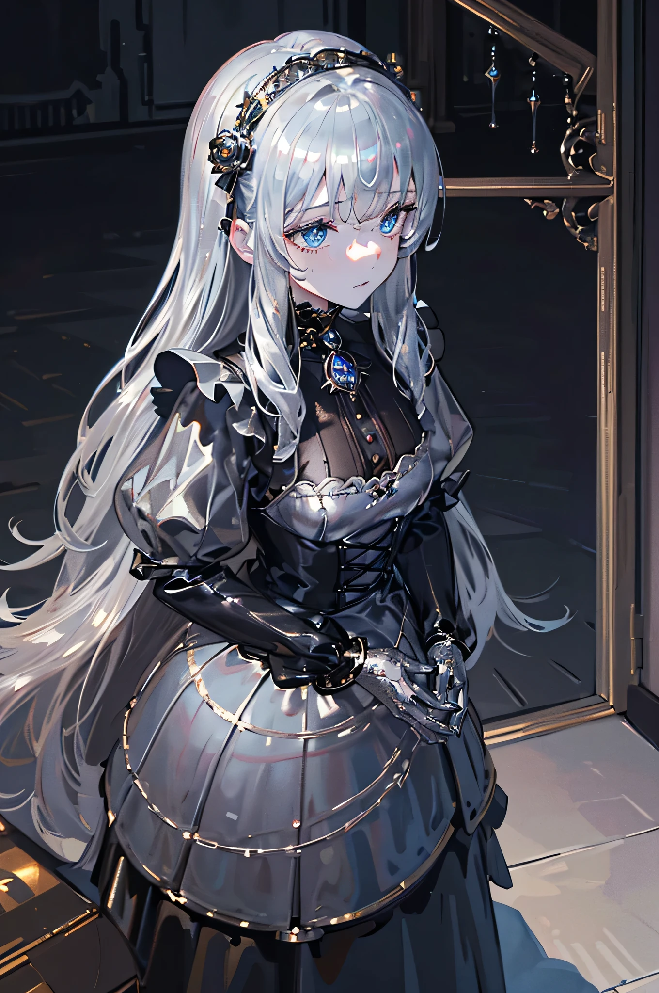 (8k, HD, best quality, intricate details, dark colors, masterpiece: 1.2) an emotionless golem robot maid made of iron stands waiting for orders, (humanoid golem:1.1) victorian maid uniform, (metallic silver skin:1.7), lamp eyes, gray hair, living room background, castle setting