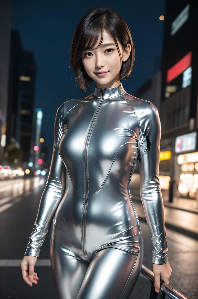 The beauty of 8K raw photos:2.0, Japanese woman, short hair, beautiful face and dark eyes, looking down, looking at the viewer:1.5, big smile, wet hair, tiny top, (metal protector and silver combat suits:1.2), shinny skin, open wide legs, realistic:1.9, very detailed, full body shot:1.2, High resolution RAW color photos, professional photos, Taken at on the horse at night, girl sexy portrait