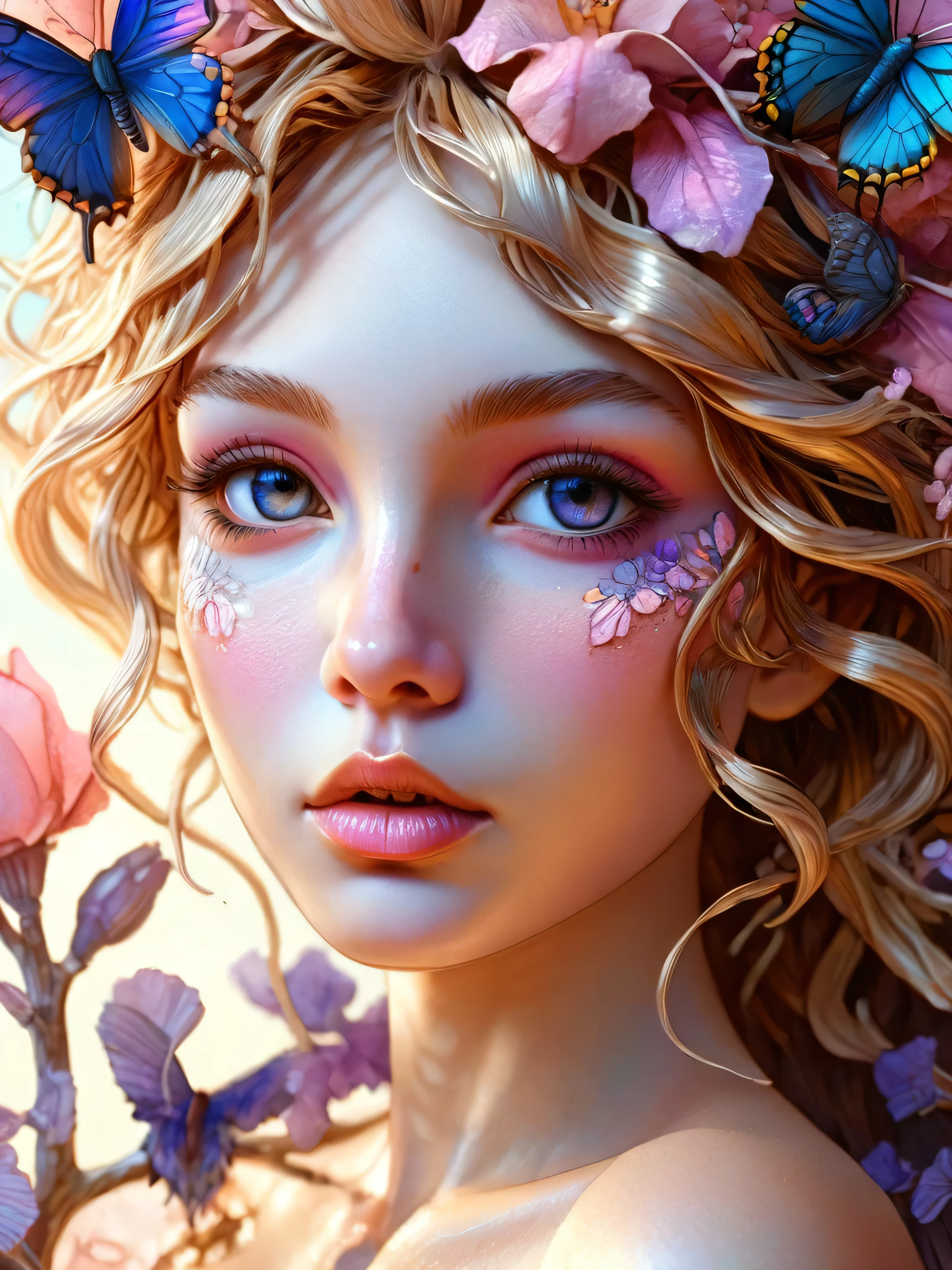 best quality,4k,8k,highres,masterpiece:1.2,ultra-detailed,realistic,wavy-haired girl,golden hair,beautiful detailed eyes,beautiful detailed lips,extremely detailed eyes and face,long eyelashes,sparkling irises,smiling expression,freckles on cheeks,sunlight shining on her face,soft and smooth skin,light pink blush on her cheeks,medium:digital painting,whimsical flowers and butterflies surrounding her,ethereal and dreamlike atmosphere,soft pastel colors,pink and purple color scheme,glowing and vibrant colors,sparkling golden background,magical and enchanting scene