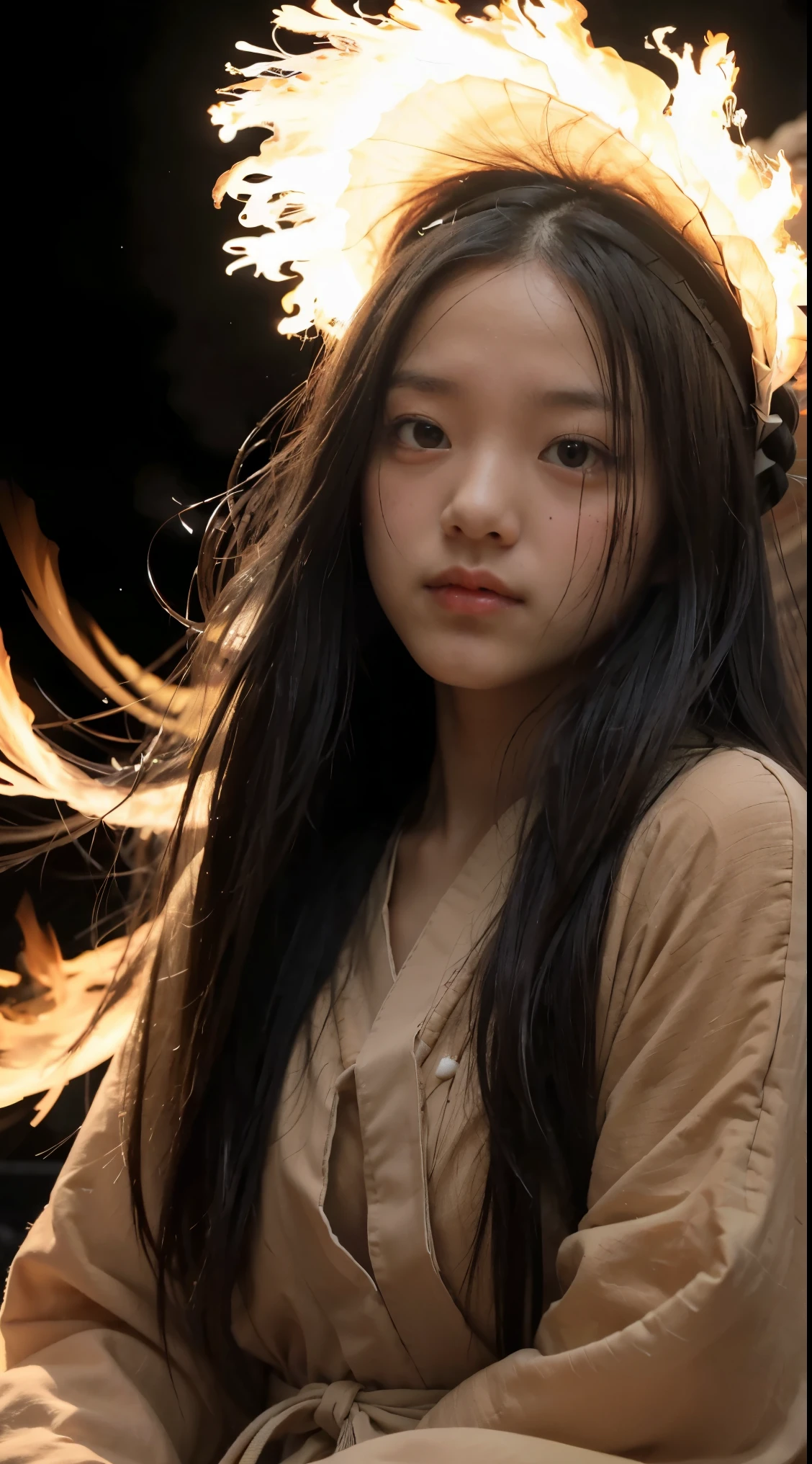 (best quality, masterpiece),  (1girl, solo,brown robe, expression face, looking away, sitting, wide sleeves, black eyes, closed mouth, ribbon shape fire on head, long hair, cowboy shot), (Monochrome, night sky at cave entrance , light rising from the bottom, inside Cave, floating glowing bunch of white particles, burning fire at hand, floating many small fires),