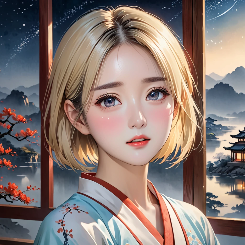 National Science Foundation,masterpiece,High resolution,8K,Art,digit,Chinese painting style,Three-dimensional,Realism,looking into camera,Soft Light,Glowing skin,(1 female: 1.5),(alone: 1.4),(((blonde))),((Hanfu)),Long eyelashes,Slender legs,Short Bob,Close-up of upper body,Close-up,close view,Chinese landscape,(Picture frame),(Eyes as deep as the starry sky),(open mouth),(blush),(shy),(lovely and delicate),(Pitiful),(((sadness)))