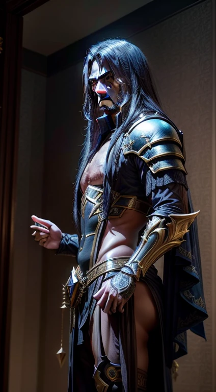 maestro yi tinta sombria, League of Legends, 8k, espada, Long hair blue black dragon armor, Cuidadosamente detalhado e intrincado, A melhor qualidade,Obra-prima,alto, foto realista, dark studio, mamado, musculoso