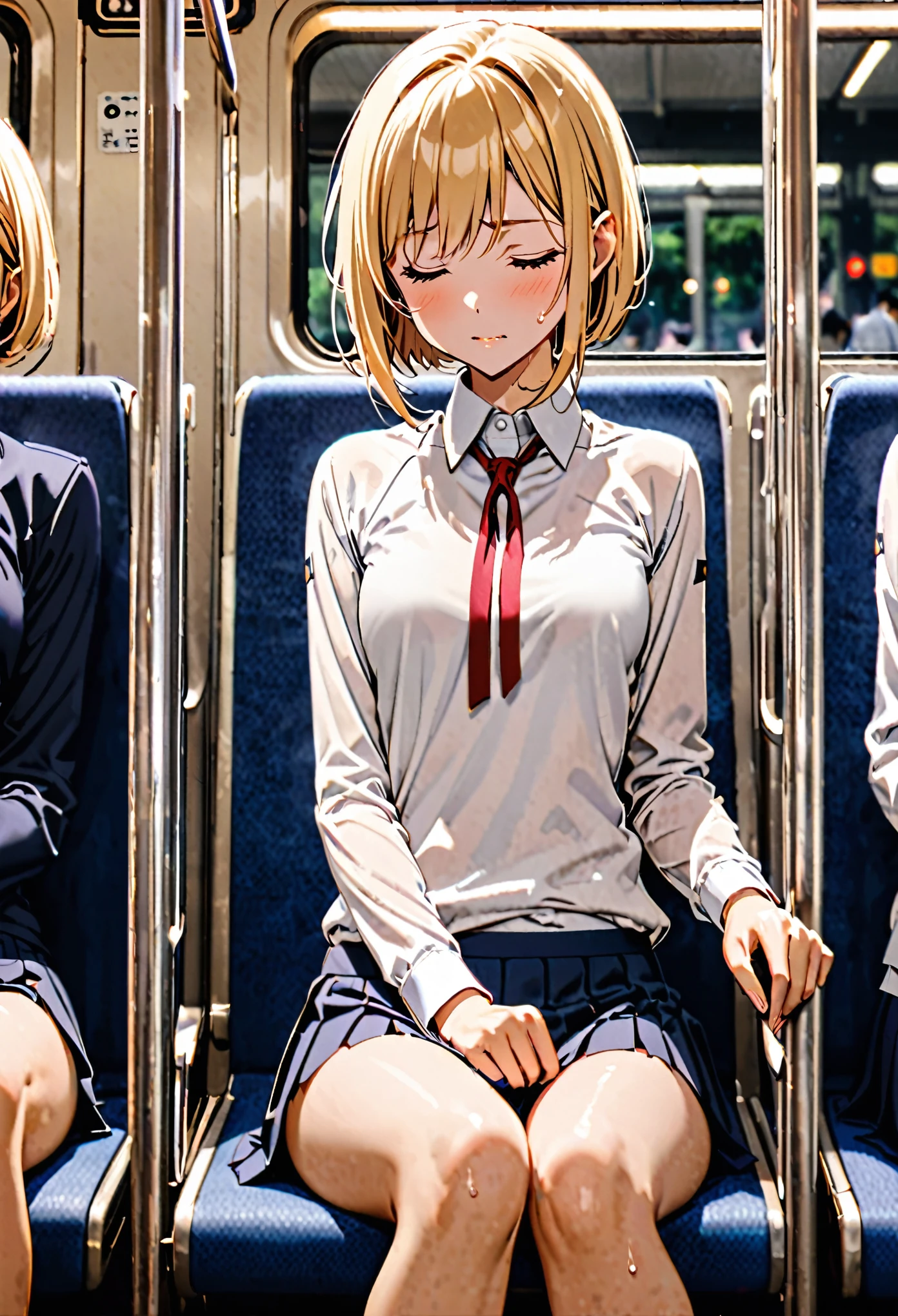 1 female,(closed eyes),The perfect 20 years old,gal,((ideal ratio body proportions:1.3,small head:1.7)),tan skin,(((high quality anime, 8k,masterpiece,Perfect Anatomy))),after sex,(beautiful detailed face), BREAK ,blonde hair,short bob hair,bangs, BREAK ,Dozing off、Look down、cowboy shot,small breasts,slender body,toned body,skinny,sweat, BREAK ,、White collared shirt、Long sleeve、Red ribbon tie、Navy blue pleated itting,Inside the train,sitting、seat、Asahi、