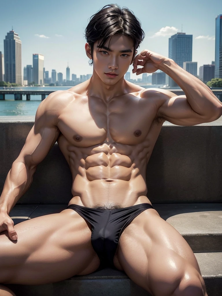 Masterpiece, Best Quality, Solo, Asian Model Men, muscular, white skin, smooth underarm, spread legs, city background, lying, body lighting, Natural eyes, Short and delicate black hair, Sexy Man, looking at the viewer, shirtless, sexy bikini, Small plots, Muscular posture, pubes