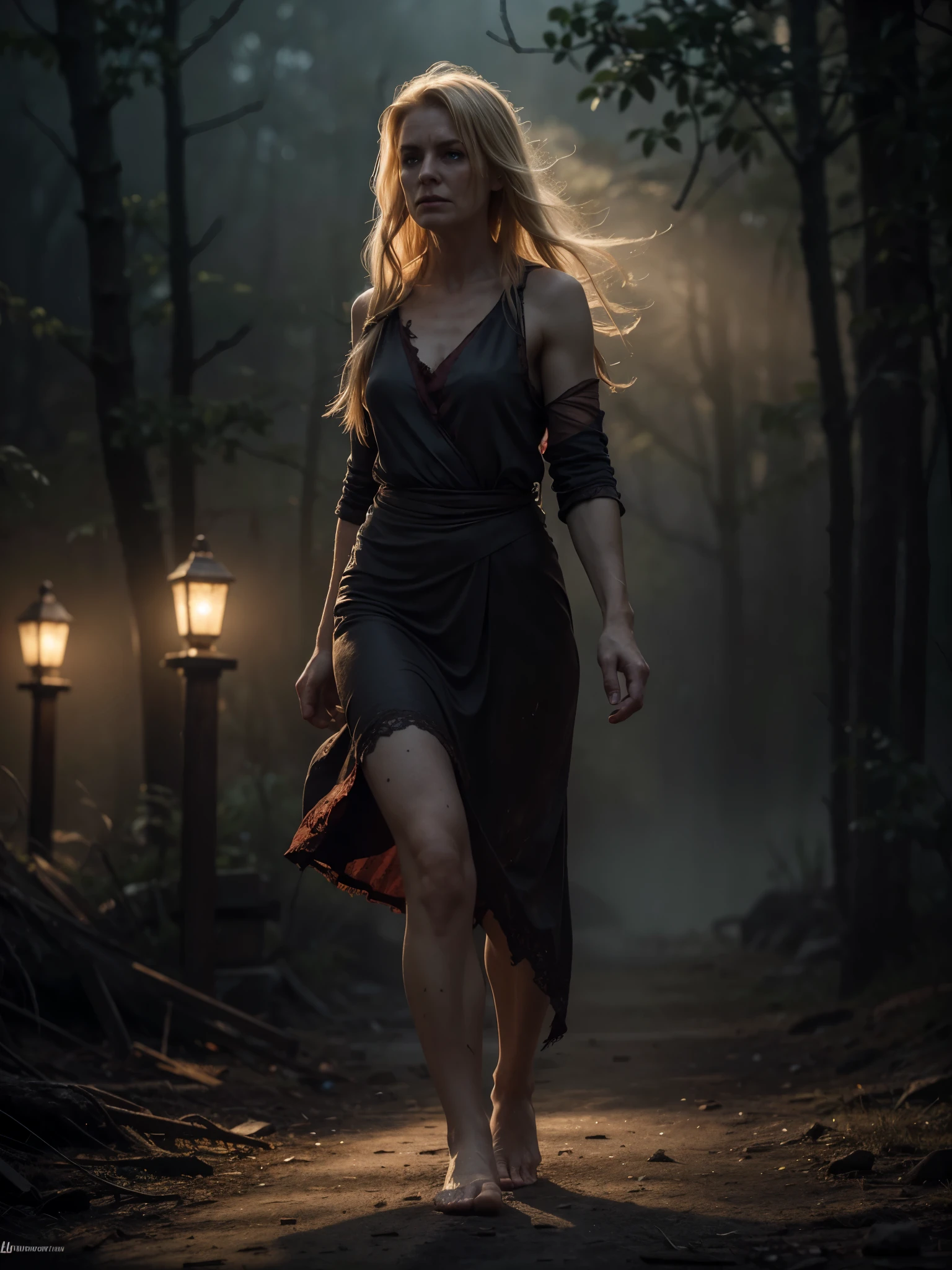 A highly detailed and hyper-realistic depiction of a disgusted old red skin blonde woman with scars and wrinkles on her face. ((Full body, bare feet)). The character is surrounded by mist, evoking a mysterious and eerie atmosphere. The lighting is dark and atmospheric, with a red smoke adding a touch of sinister ambiance. The image is of the best quality, with a resolution of 4k and HDR enhancement, showcasing the utmost level of detail and realism, sfw, full body shot.