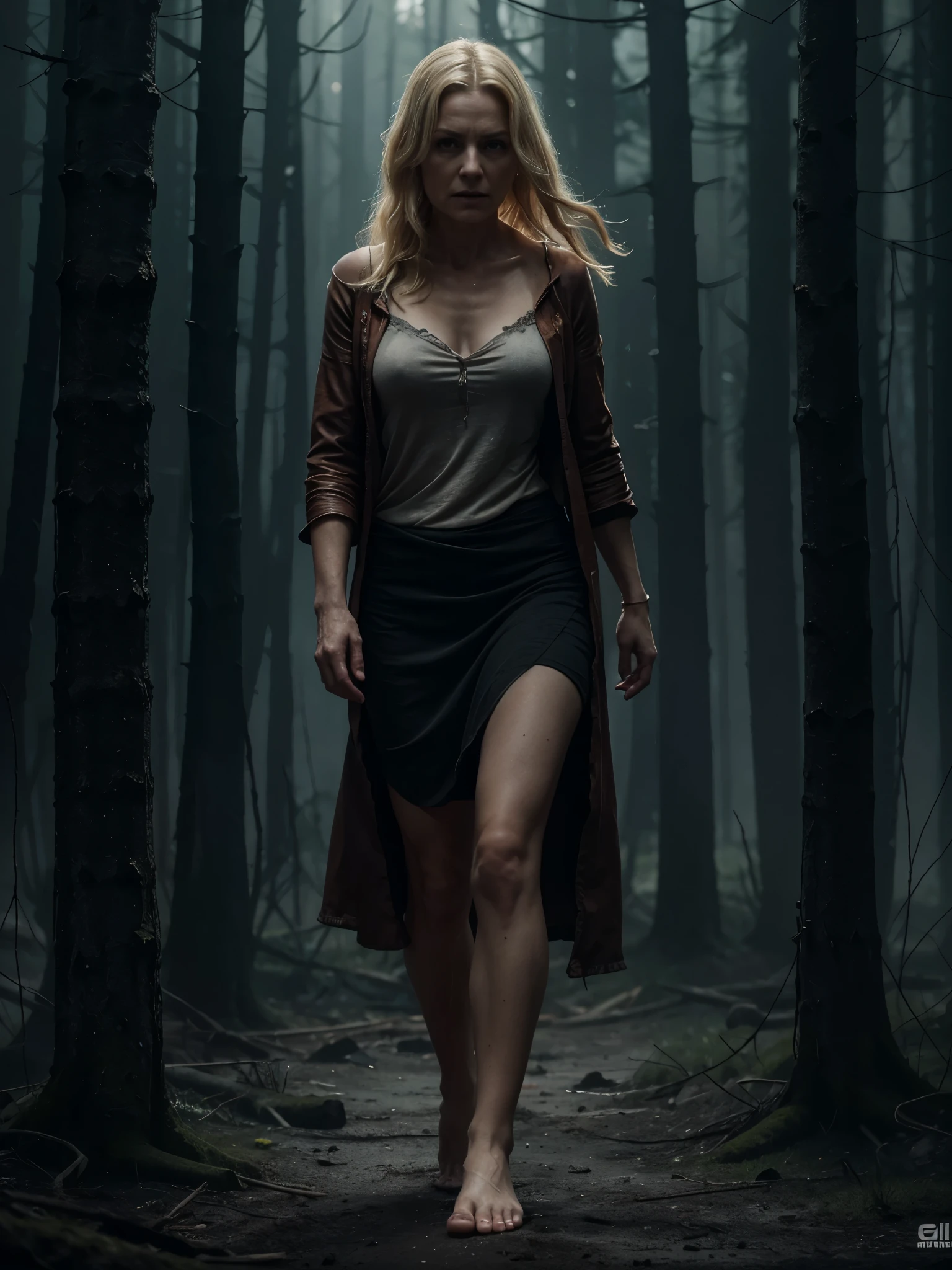 A highly detailed and hyper-realistic depiction of a disgusted old red skin blonde woman with scars and wrinkles on her face. ((Full body, bare feet)). The character is surrounded by mist, evoking a mysterious and eerie atmosphere. The lighting is dark and atmospheric, with a red smoke adding a touch of sinister ambiance. The image is of the best quality, with a resolution of 4k and HDR enhancement, showcasing the utmost level of detail and realism, sfw, full body shot.