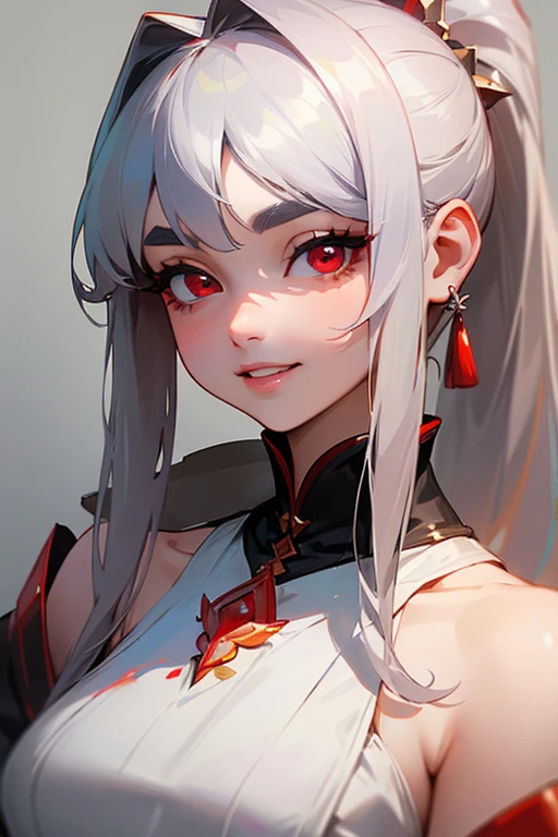 (highest quality, masterpiece:1.2), High resolution, 最高masterpiece、Very detailed, Realistic:1.37, Fantasy, An illustration,Gray Hair、 Red eyes、Queen, White Dress、Platinum decoration、beautifully、Eyeshadow Red、Thick eyebrows、Long eyelashes、pupils are black、shiny on the lips、Top Sites、Queen、Princess、ponytail、A kind smile、Show your teeth a little and smile、Soft impression、people々々々々々Loved by、Slimming the face、Shoulder Bare、sexy、Learn more、