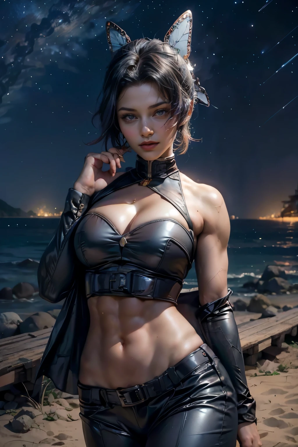 uma linda guerreira, maduro, (small sorriso pretensioso, sorriso pretensioso), muscular, cabelo loiro prateado, Cabelo longo, Cabelo ondulado, (biceps, triceps, Abdominais tanquinho), (cintura estreita, ombros largos, quadris estreitos), magro, ((statuesque, imponente, Alto, imponente)), (defined muscles, strong muscles), (Top Prata, button-up shirt, casaco, abdomen visible through clothes, Mangas), (seios enormes), brincos, joia, colar, inventar, long eyelashes, olhos perfeitos, boca perfeita, cowboy hat, rosto perfeito, olhos cinza claro, olhar penetrante, olhos lindos, (((blood on hands, Sangue nas roupas, Sangue nos seios, Sangue on abs, blood in muscles, Sangue, muita Sangue))) cinto, (cachecol vermelho), boca coberta, Xerife, leather pants, tatuagem azul no ombro, dedos perfeitos, dedos longos, No extra digits, unhas compridas, meio, (terra desolada ao fundo, ao ar livre, at night, paisagem rochosa, vento,), ((at night, bandits in the distance, fogo, estrelas, lua)),