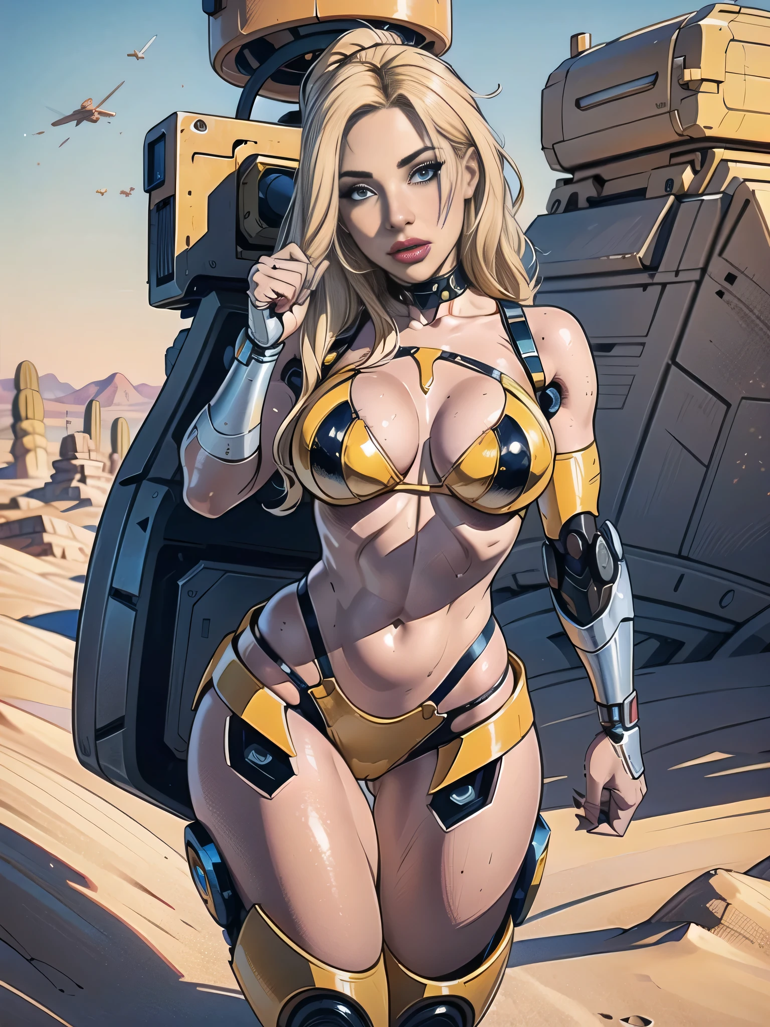 high quality, 4k, masterpiece, beautiful, cyborg girl,  SavannahBondQuiron woman, cowboy shot, dull eyes, looking at viewer, long blonde hair, girl, small breasts, fit thigh, robotic arms, robotic body, cyborg body, yellow accent, intricate detail, joint, detailed lines, robotic detail, holding fist up, holding hand up as fist, color robotic parts, robotic parts with color, perfect fingers, on a desert planet, sunny background, colorful desert,