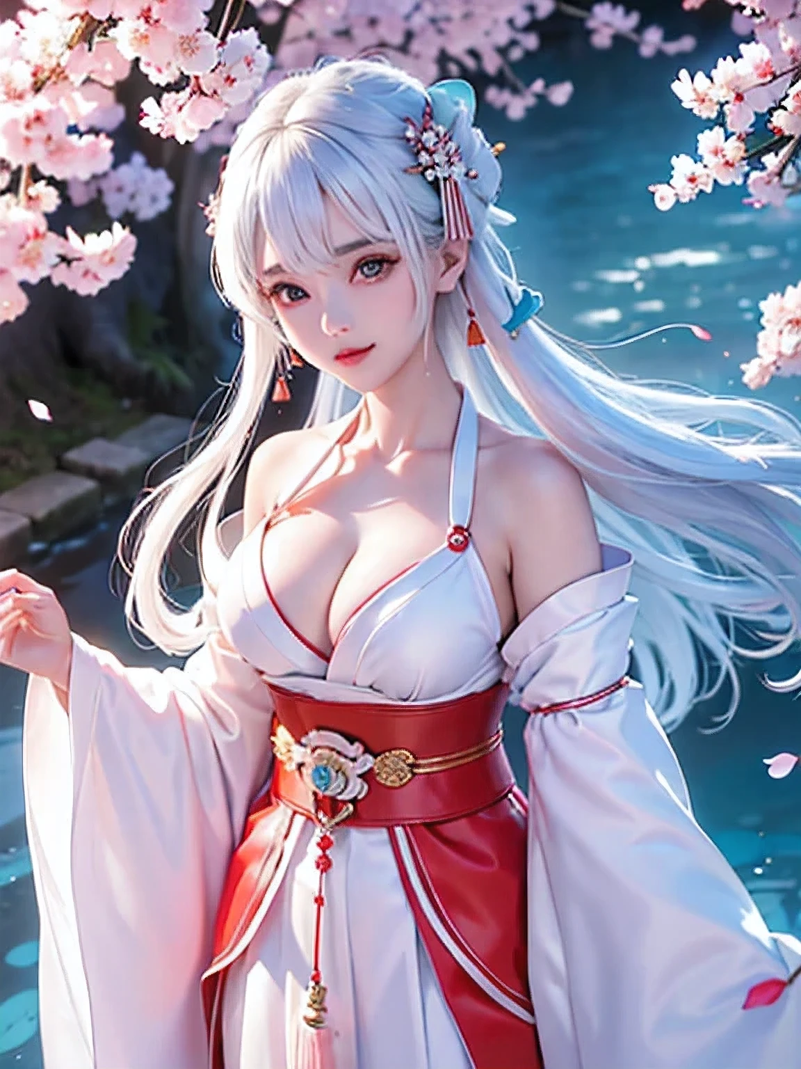 (masterpiece, best quality, dutch angle):1.5(1girl, solo,Close-up)(medium breasts, white hair, aqua eyes)(shrine maiden,Separate sleeves、White shrine maiden outfit、Red Hakama)(standing,Model-like pose, floating hair)(Japanese Shrines、Cherry tree、Cherry blossom petals、Fantastic landscape)(Great cleavage)
