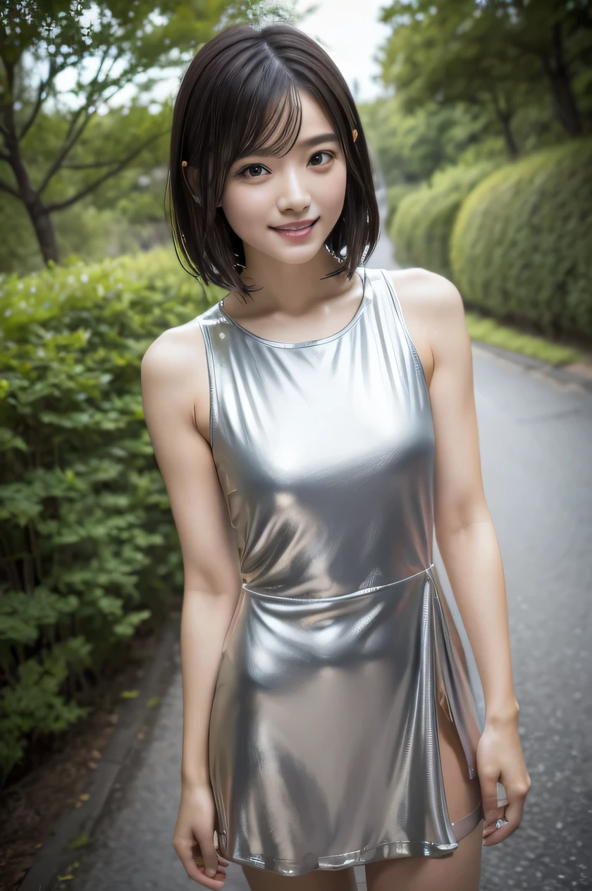 The beauty of 8K raw photos:2.0, Japanese woman, short hair, beautiful face and dark eyes, looking down, looking at the viewer:1.5, big smile, wet hair, tiny top, (silver dress:1.2), shinny skin, open wide legs, realistic:1.9, very detailed, full body shot:1.2, High resolution RAW color photos, professional photos, Taken at top of the hill, girl sexy portrait