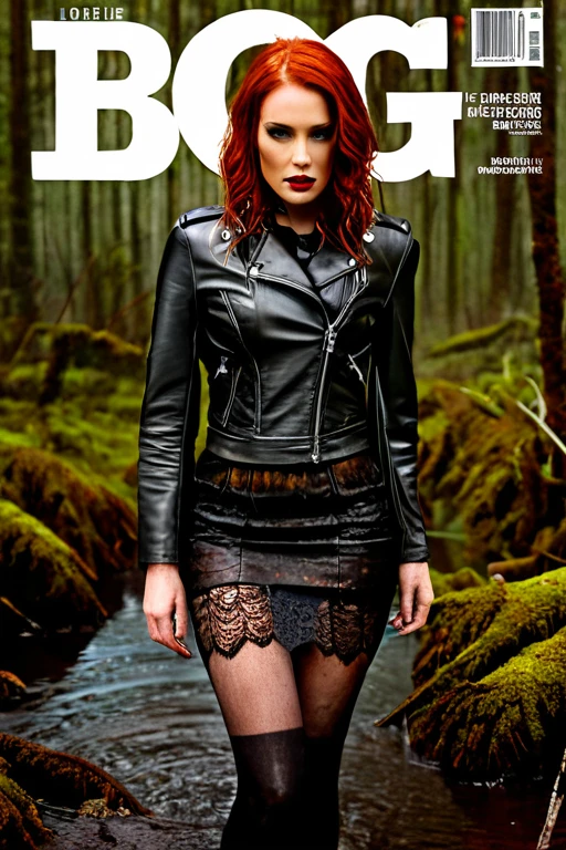 magazine cover, Hyper-realistic, ultradetailed, tmasterpiece. (Gloomy Forest:1.2). Lora Cassidy (Tormented by lust:1.1), standingn, (drowning in a bog:1.2). pencil skirt, (lace stockings), leather jacket, (Pronounced wrinkles:1.3), (dehydrated skin:1.3), Copper-red hair, Attention-grabbing , heading, stylish, font, memorable, heading, big, Sensation