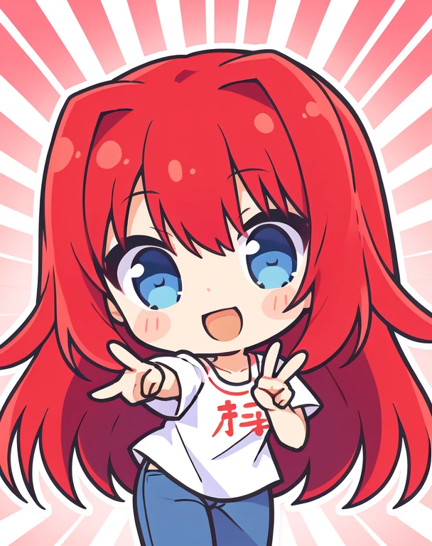 Chibi, portrait of Aozaki Aoko, wavy eyes, smile, hand peace sign, no motion, blue eyes, bangs, red hair, long hair, white shirt no pattern, jeans