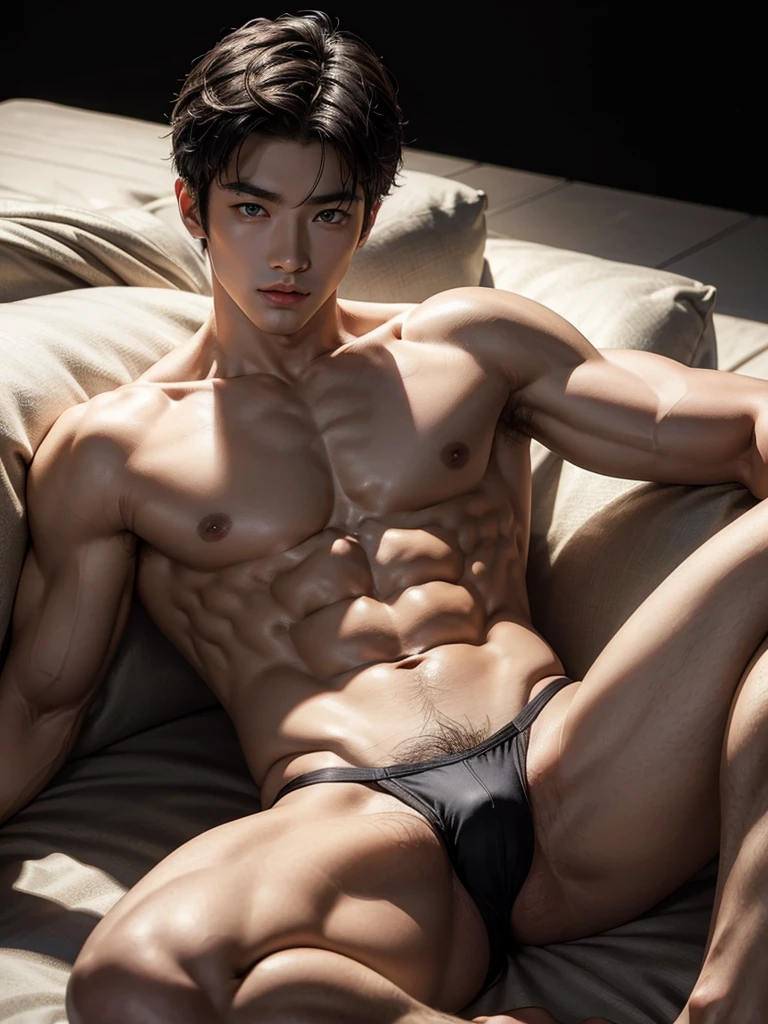 Masterpiece, Best Quality, Solo, Asian Model Men, muscular, white skin, smooth underarm, spread legs, studio background, lying, hard lighting, Natural eyes, Short and delicate black hair, Sexy Man, looking at the viewer, shirtless, sexy bikini, Small plots, Muscular posture, pubes