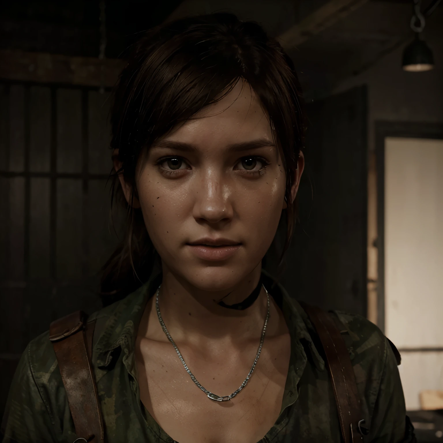 Can you create a picture of Ellie from The Last of Us with silver chains and grillz?