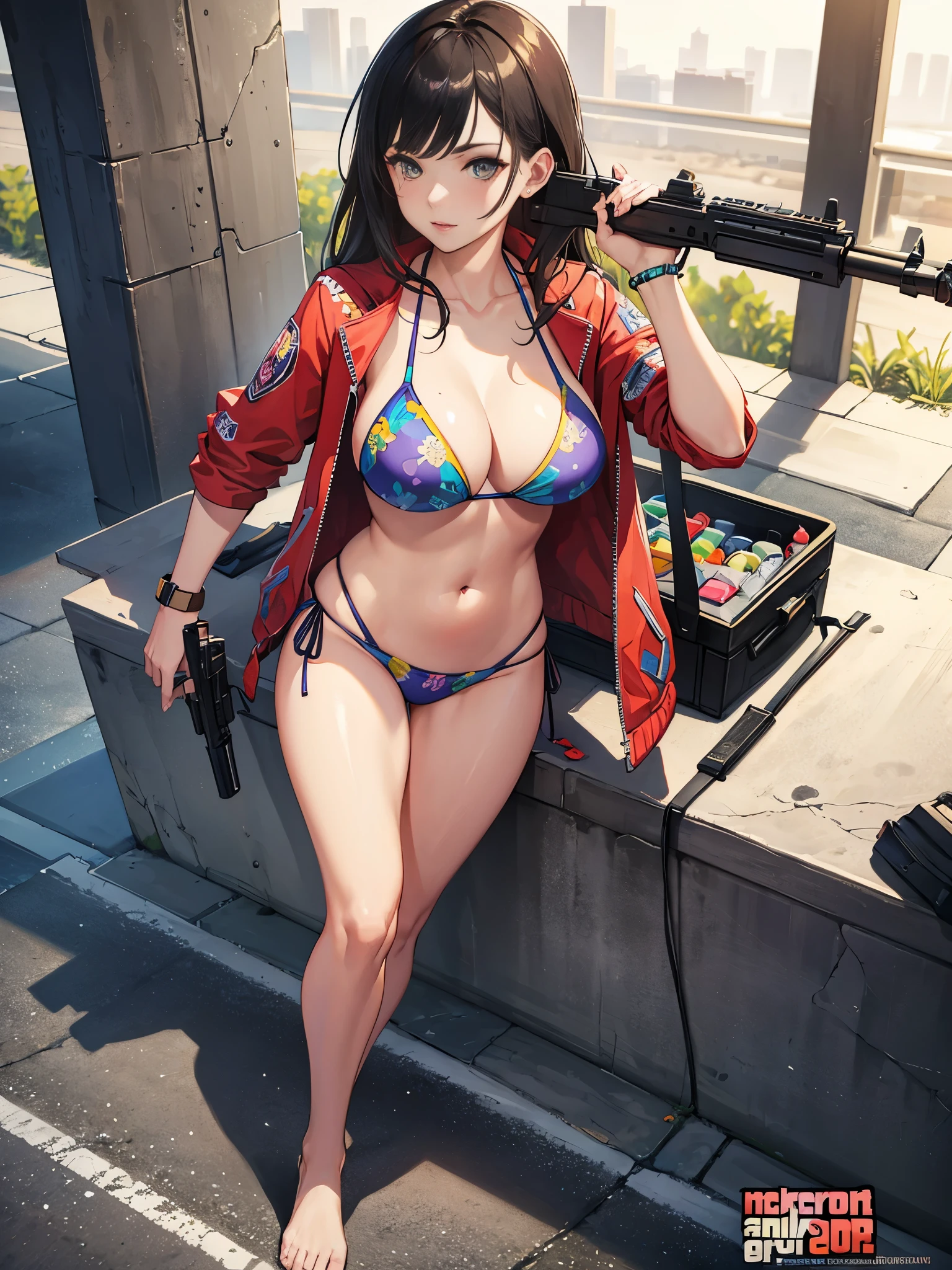 masterpiece, best quality, high resolution, extremely detailed CG, GTA5, 1girl, colorful patterned bikini, holding gun, rifle, barefoot