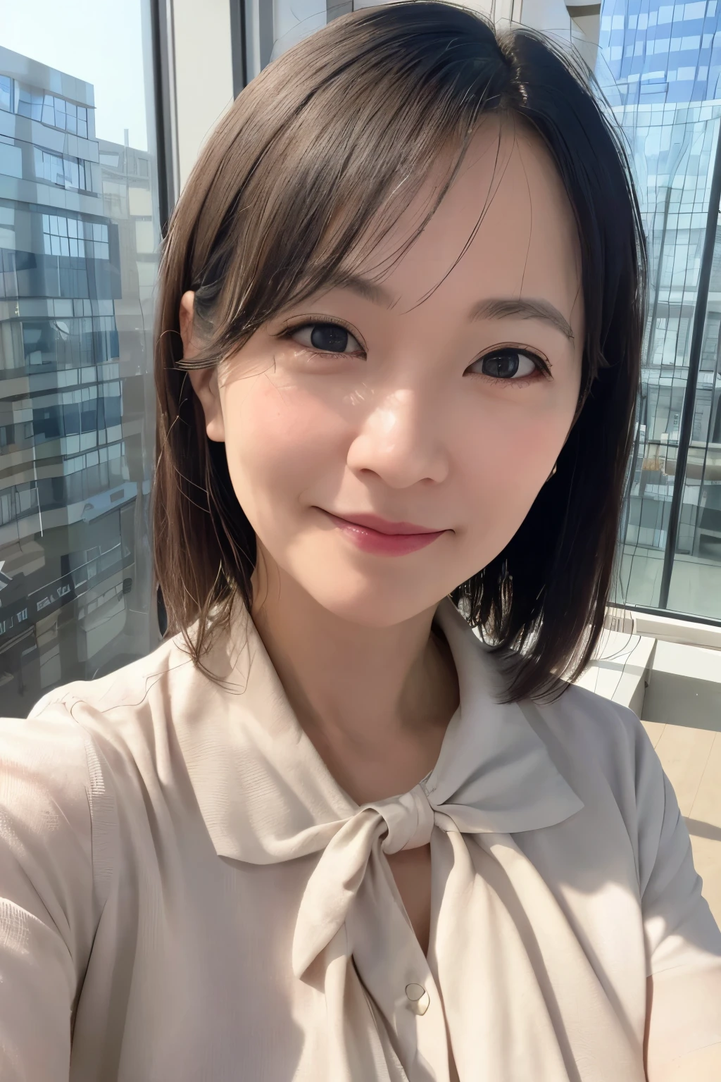 One girl, Mature Woman, Best, bow, photograph, Realistic, highest quality, employment, Detailed face, office, Building seen from the window, Detailed Background, Diffused sunlight, Depth of written boundary, Bokeh