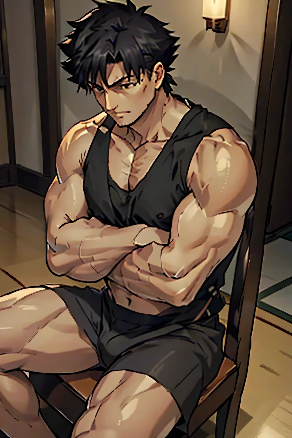 Kiritsugu Emiya is sitting in a black tank top without sleeves and black boxershorts and is flexing his abs. He has many huge veins on his arms. His top is lifted up and his abs are visible.