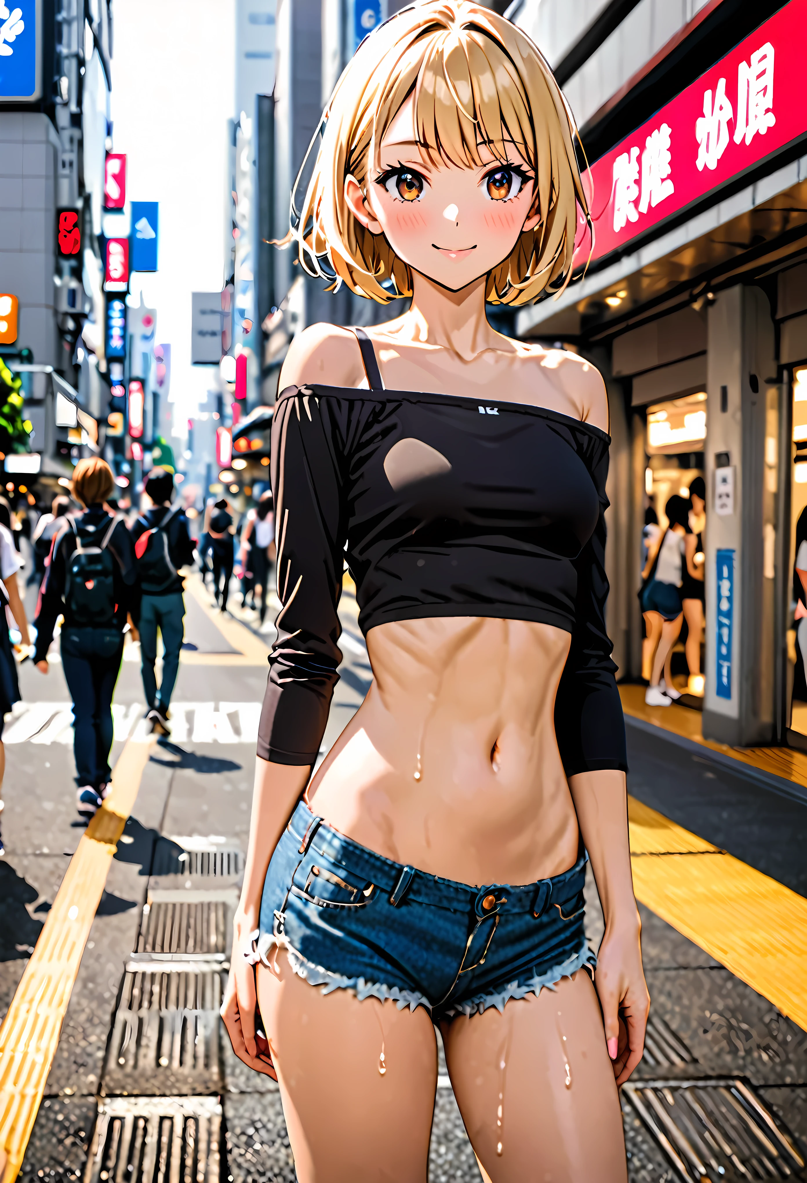 1 female,The perfect 20 years old,gal,((ideal ratio body proportions:1.3,small head:1.7)),tan skin,(((high quality anime, 8k,masterpiece,Perfect Anatomy))),after sex,(beautiful detailed face and eyes,gorgeous eye:1.3), BREAK ,brown eyes, BREAK ,blonde hair,short bob hair,bangs, BREAK ,smile,blush,cowboy shot,small breasts,slender body,toned body,skinny,sweat, BREAK ,Black off-shoulder top、Denim micro shorts、 BREAK ,standing,on street,Shibuya Station、Tokyo、
