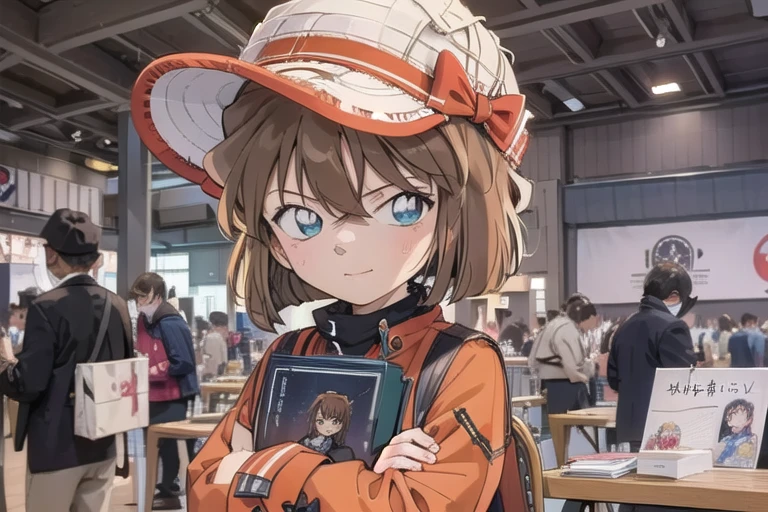 UHD, super detail, 1 Girl,, (Haibara ai) ,Brown Hair, Shortcuts, hat, mask, (((comiket))), table, chair, book, indoors, photo background, indoors, wide shot, bustle, salesperson