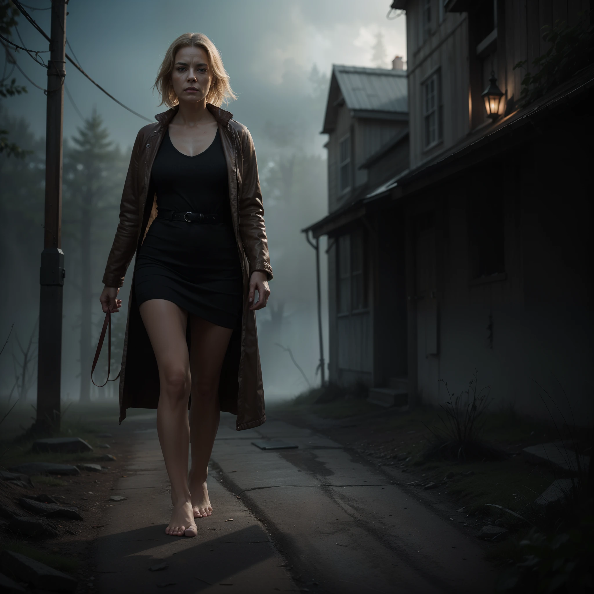 A highly detailed and hyper-realistic depiction of a disgusted old red skin blonde woman with scars and wrinkles on her face. ((Full body, bare feet)). The character is surrounded by mist, evoking a mysterious and eerie atmosphere. The lighting is dark and atmospheric, with a red smoke adding a touch of sinister ambiance. The image is of the best quality, with a resolution of 4k and HDR enhancement, showcasing the utmost level of detail and realism, sfw, full body shot.