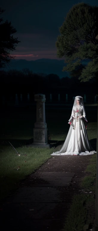 （Rich picture，masterpiece级品质）Exquisite 8K CG works，Practical, 4K, top quality、masterpiece、Ultra-high resolution、(Practical:1.4)、Ghost Bride，Woman crawling out of the cemetery，Wearing ragged clothes，Pale face，Surreal，rotten wound，Scary tattoos，White hair