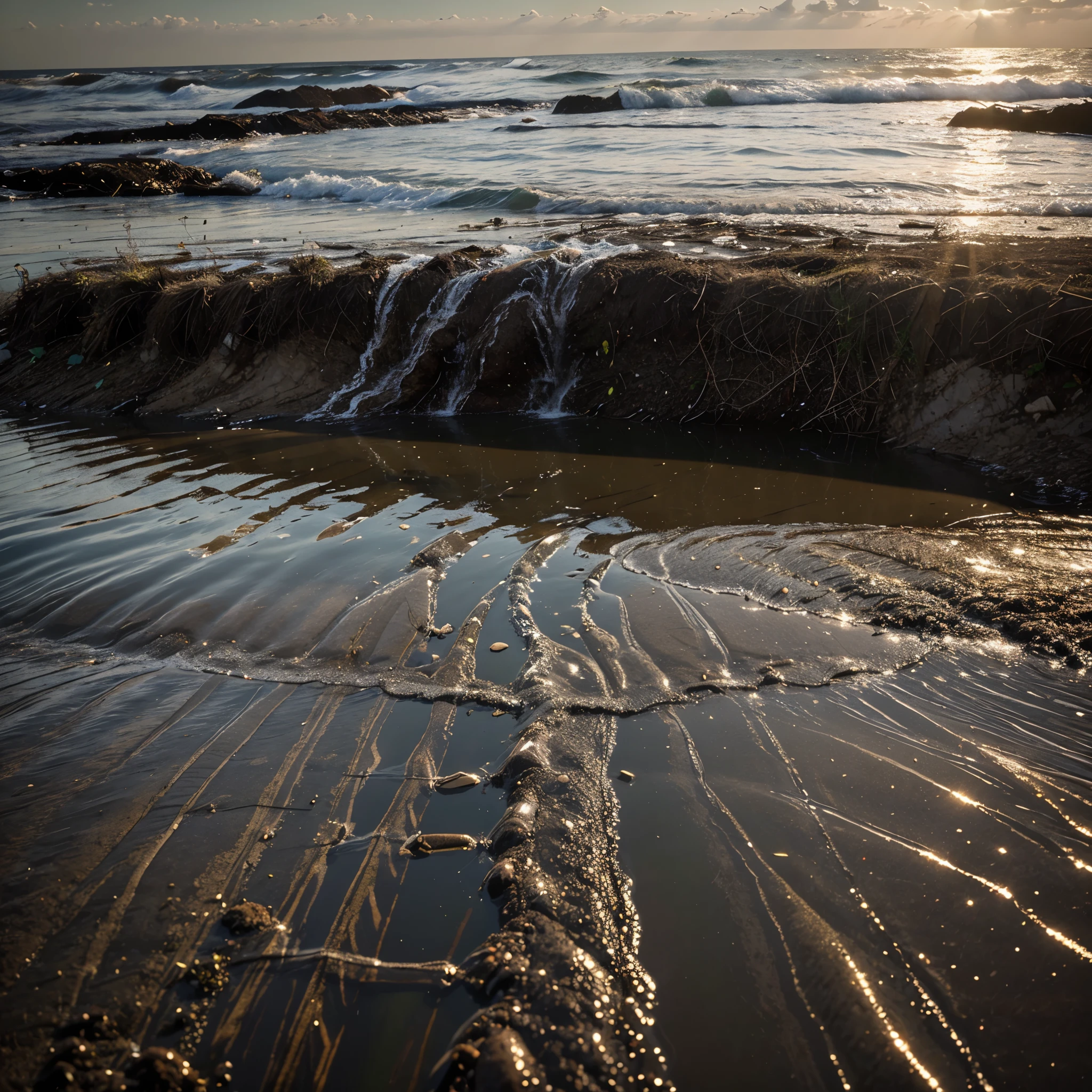 I want a photo that shows water and soil pollution next to each other