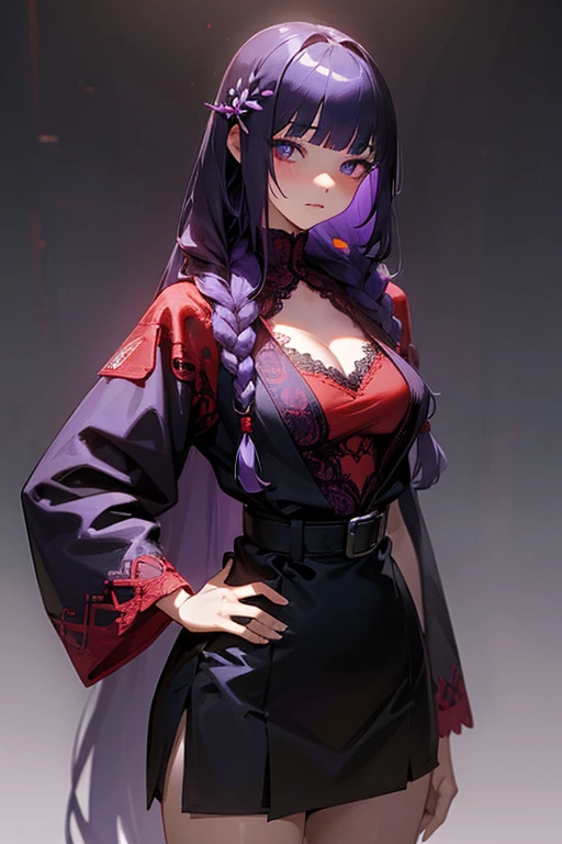 1 girl, Blunt bangs, Braiding, Wide sleeves, hair ornaments, Navy Red Lace、Black belt, (Purple Hair:1.2), Very long hair, Straight hair, Looking at the audience, Highly detailed background, (Realistic:1.2), Beautiful Eyes, Red eyeshadow, Written boundary depth，thigh, (Ulzzang-6500:0.7), Upper Body, (alone:1.2), (Cyberpunk City:1.1), Cleavage, Hands on hips、Shiny skin、Hair blowing in the wind、flower、Sad expression、Sharp eyes、Eye Cleansing Night、