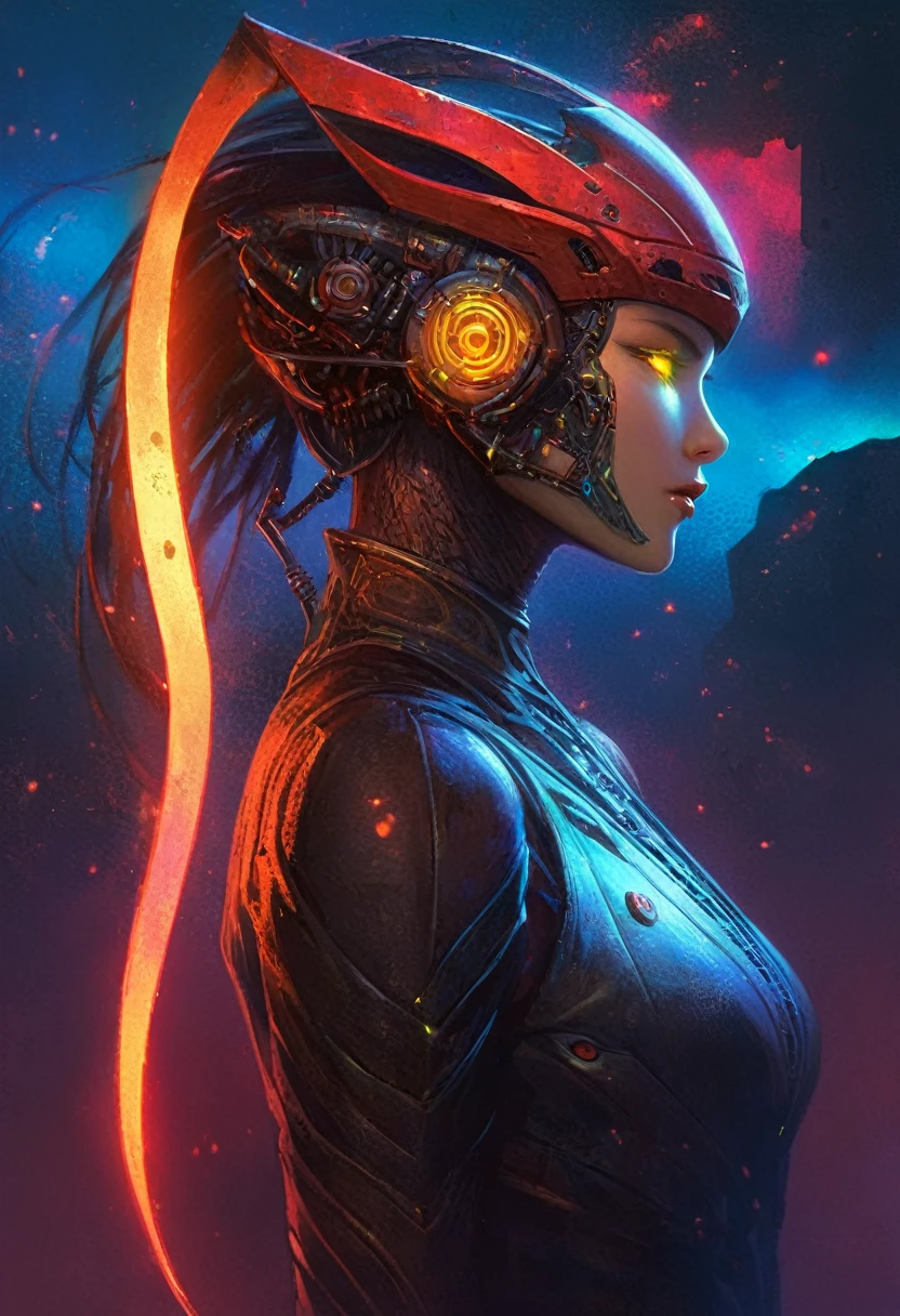 The prompt for the given theme is: "black color, ram's head, Death's scythe, infernal horror, overlooking, tattered clothes, downward gaze, illustrations, highres, ultra-detailed, dark fantasy, sharp focus, vivid colors, dramatic lighting, bokeh". female robot pilot, mechanical creature, electronic wires relays computer nerves, girl face, dystopian surrealism, alex ries zdzisaw beksinski giger, very intricate details, demon chinese female, deep luminous eyes contain galaxies, head contains nebula, deep aesthetic, concept art, carved silver circuits diodes resistors semiconductors, highly ornate