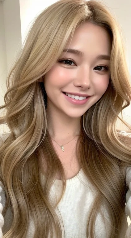 Ultra realistic beatiful women blond wavy hair big smile on face