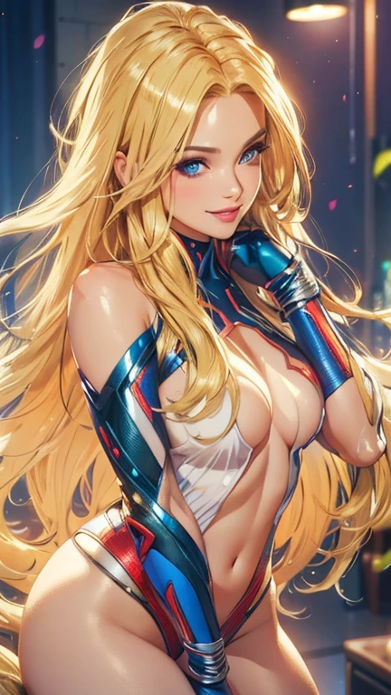 (best quality,ultra-detailed,photo-realistic:1.37),bright and vibrant colors,studio lighting,playful expression,stylish makeup,long blonde hair flowing in the wind,alluring eyes,glossy lips,sexy pose, X-men, 2099, smiling in a confident and seductive way,posing for a professional photoshoot,shallow depth of field,highlighting the main subject,soft natural lighting,creating a dreamy and magical atmosphere.