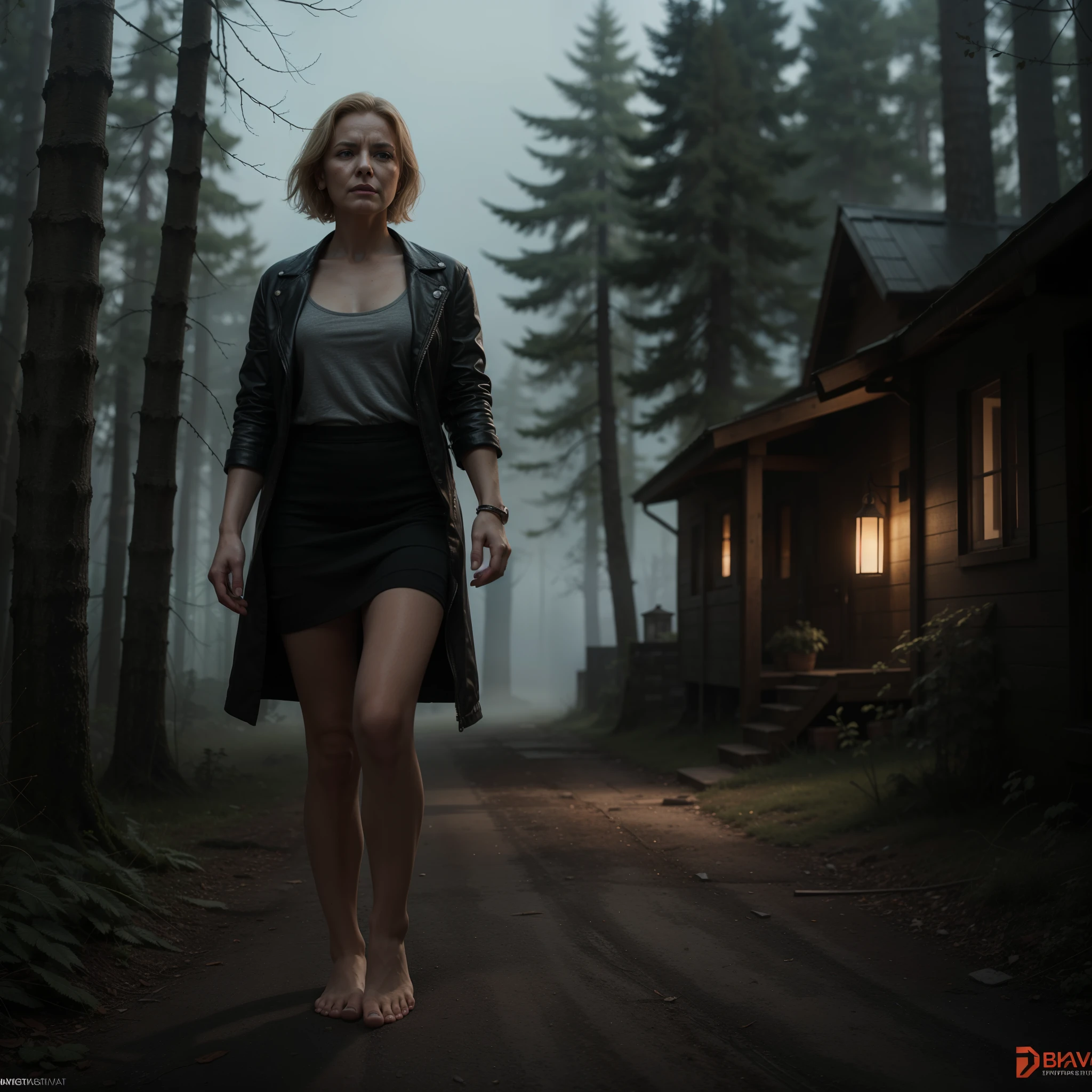 A highly detailed and hyper-realistic depiction of a disgusted old red skin blonde woman with scars and wrinkles on her face. ((Full body, bare feet)). The character is surrounded by mist, evoking a mysterious and eerie atmosphere. The lighting is dark and atmospheric, with a red smoke adding a touch of sinister ambiance. The image is of the best quality, with a resolution of 4k and HDR enhancement, showcasing the utmost level of detail and realism, sfw, full body shot.