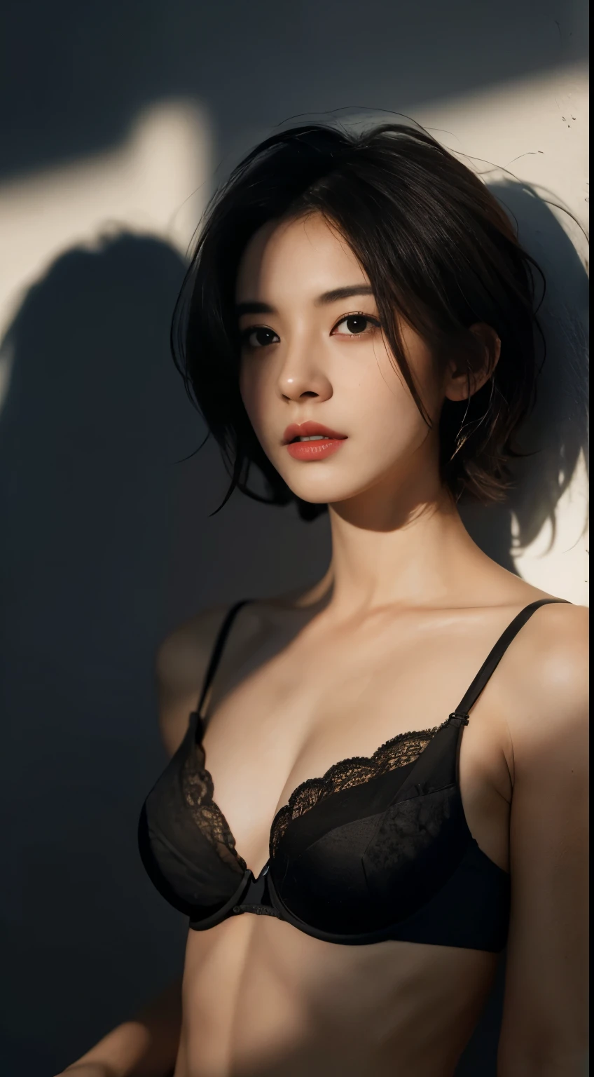 Best quality, masterpiece, ultra high res, (photorealistic:1.5), raw photo, 1girl,, in the dark, deep shadow, low key, cold light, sexy look, short hair, smooth , sexy , leaf shadow, seamless bra