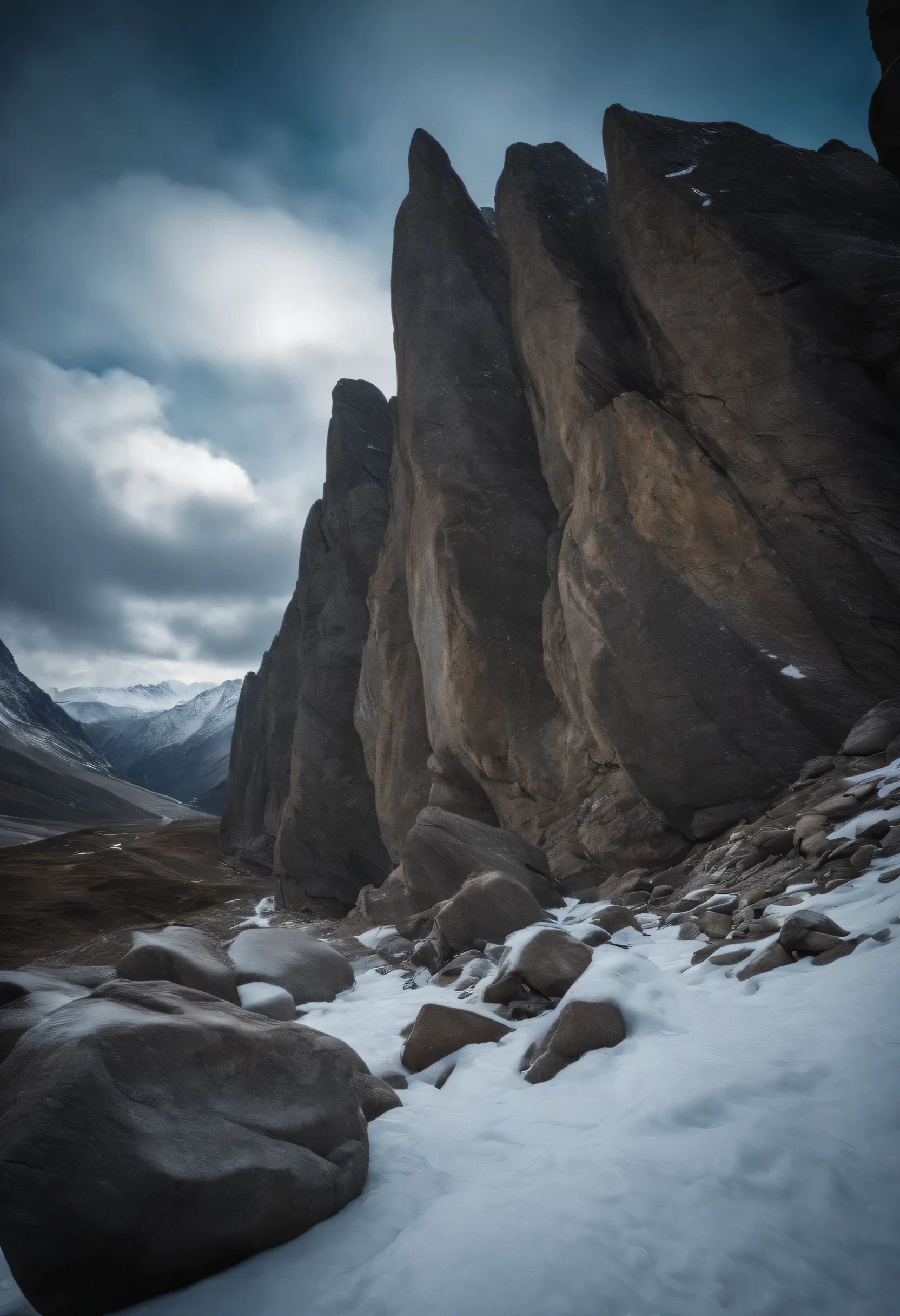 AMONG THE STEEP AND INTRINSIC MOUNTAINS WITH SHARP ROCKS WITH SNOW AND ICE, THE CLEAR AND COLD SKY HAS CLOUDS DESTROYED BY THE FREEZING WIND FROM THE POLE, IMAGEN HIPER REALISTA, maximum depth of field, HIGHEST HDR RESOLUTION, UHDE, 4K, PERSPECTIVA PERFECTA COLORES VIBRANTES